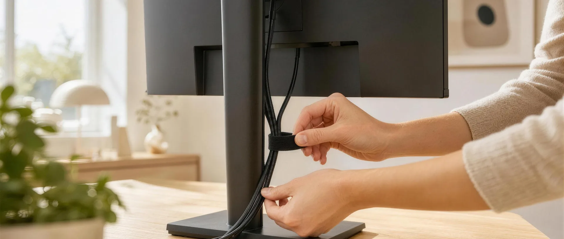 Kabelmanagement: Kabel hinter dem Monitor mit Klettband gebündelt