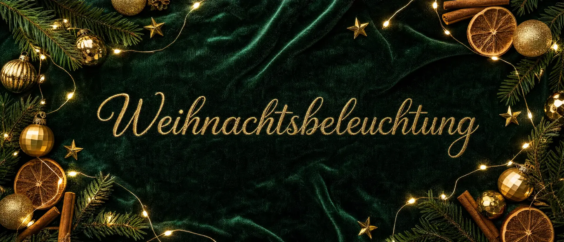 Weihnachtsbeleuchtung – weihnachtlich dekoriertes Banner mit Lichterketten und Kerzen