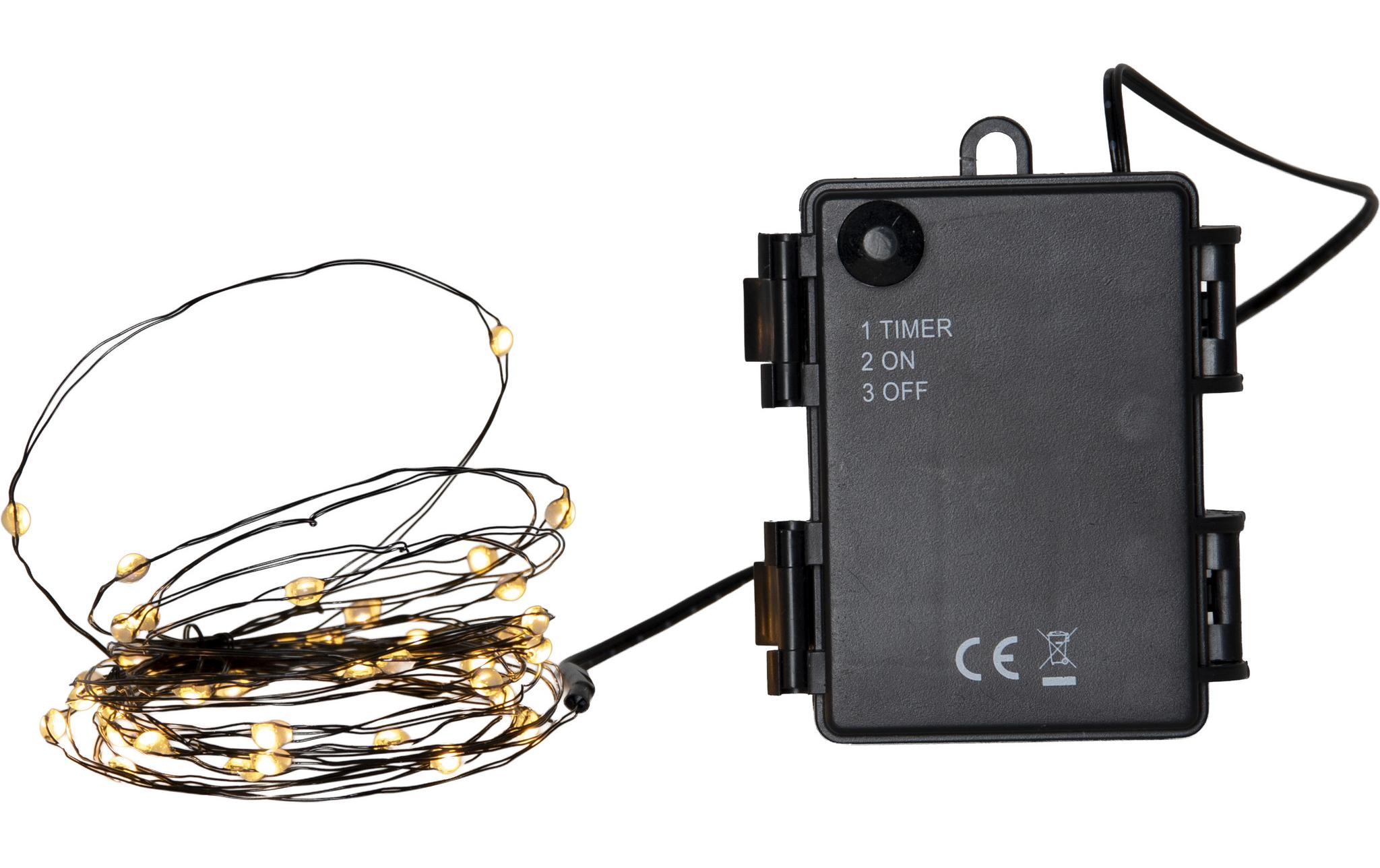 Batteriebetriebene Lichterkette Dew Drop von Star Trading – feiner Draht mit 40 warmweissen LED-Lichtpunkten und Batteriefach