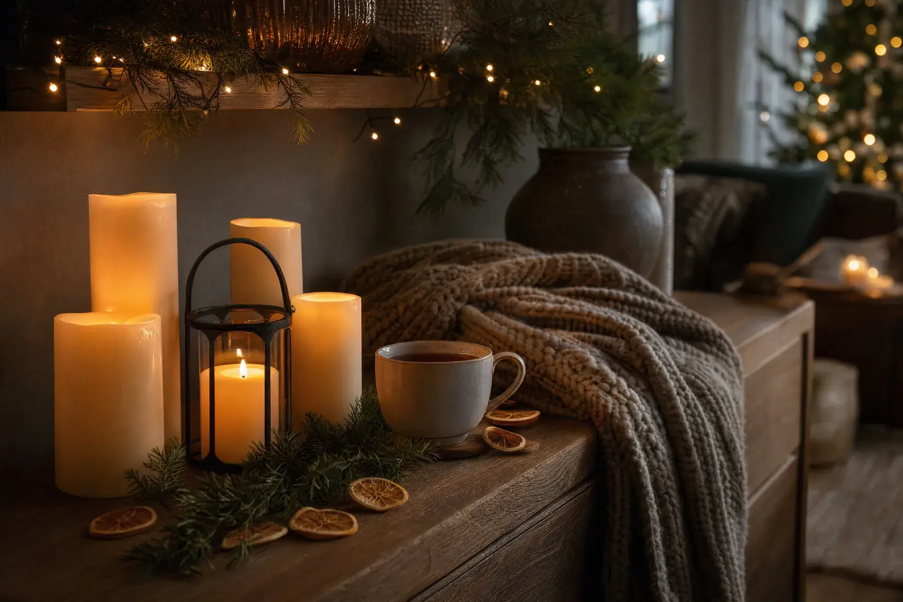 LED-Kerzen, Laterne und Lichterkette auf einem Sideboard – gemütliche Weihnachtsstimmung
