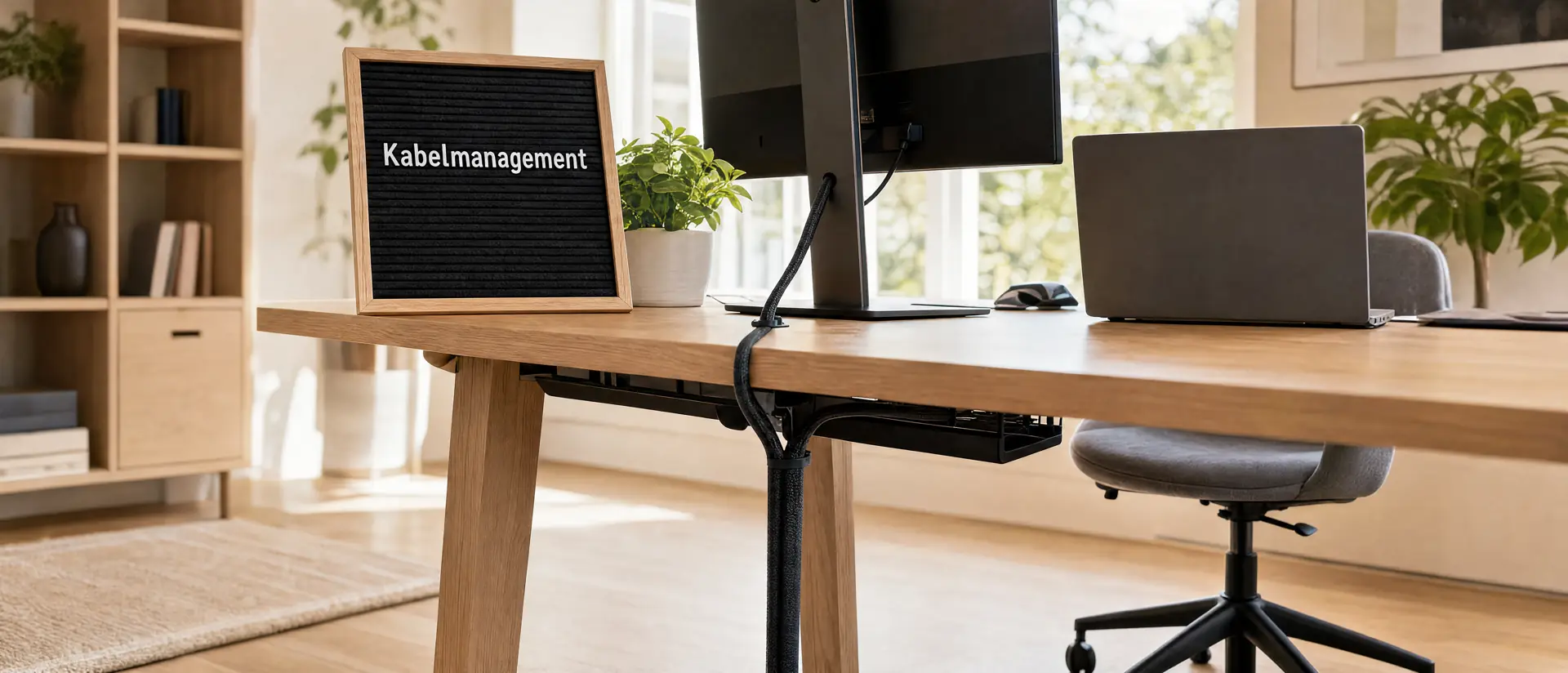 Aufgeräumter Schreibtisch mit Kabelmanagement – Kabel gebündelt im Kabelschlauch