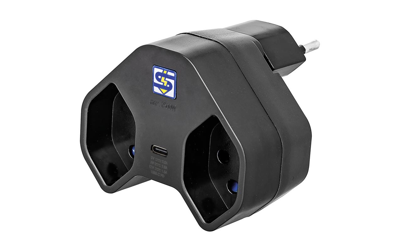 STEFFEN Abzweigstecker 2 x T13 USB-C, Schwarz, drehbar 320° – Mehrfachstecker von STEFFEN