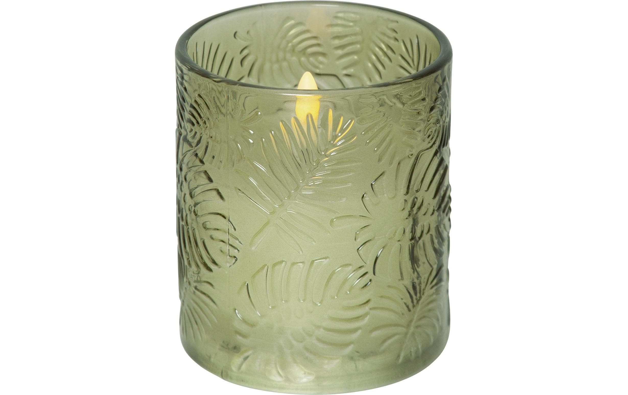 Star Trading LED-Kerze Pillar Flamme Leaf, Ø 8.5 x 10 cm, Grün – LED-Kerze mit Timer von Star Trading