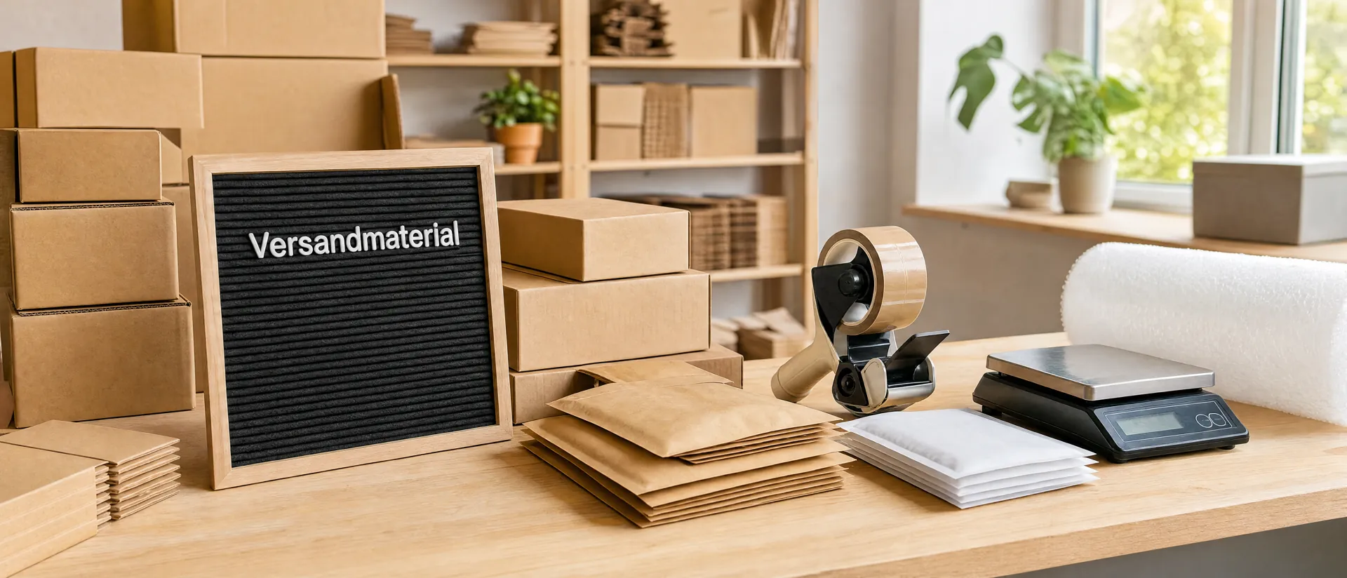 Versandmaterial – Packtisch mit Versandkartons, Luftpolstertaschen, Paketbandabroller und Paketwaage (KI-generiertes Symbolbild)