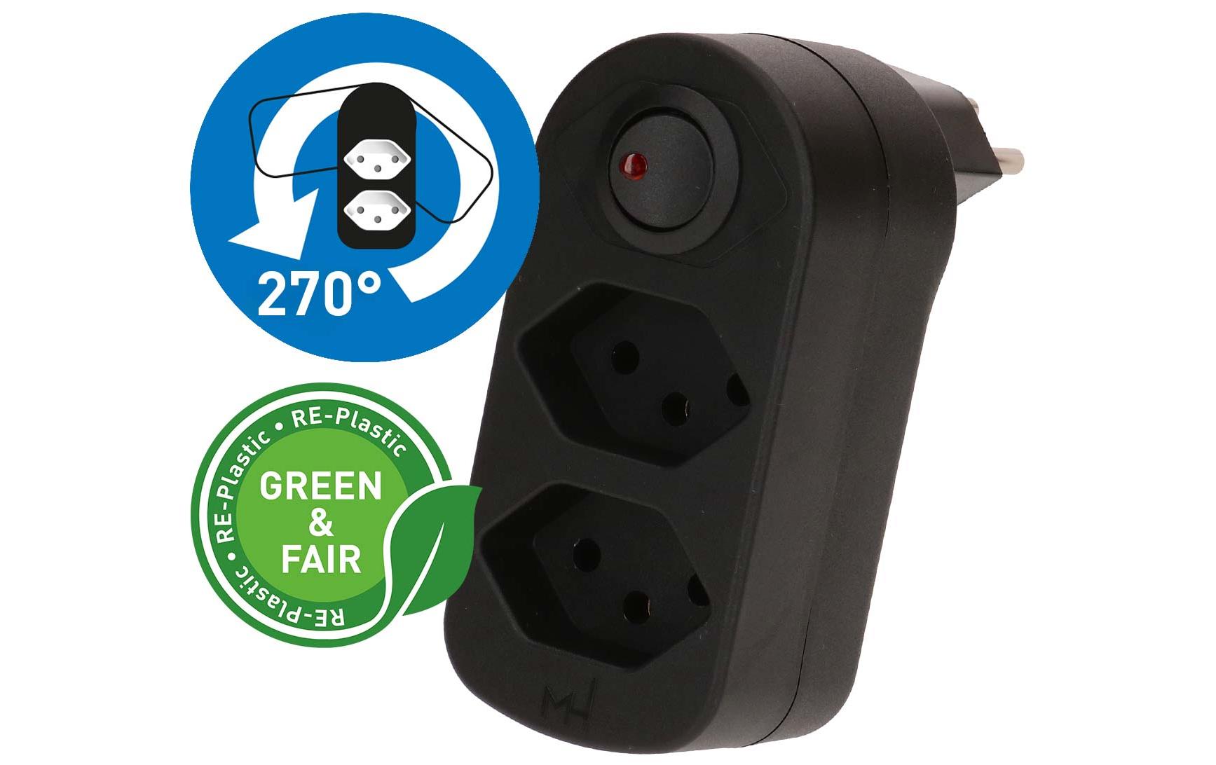 Max Hauri Mehrfachstecker ADAPT 2x Typ 13 drehbar Schalter Green+Fair – Mehrfachstecker von Max Hauri