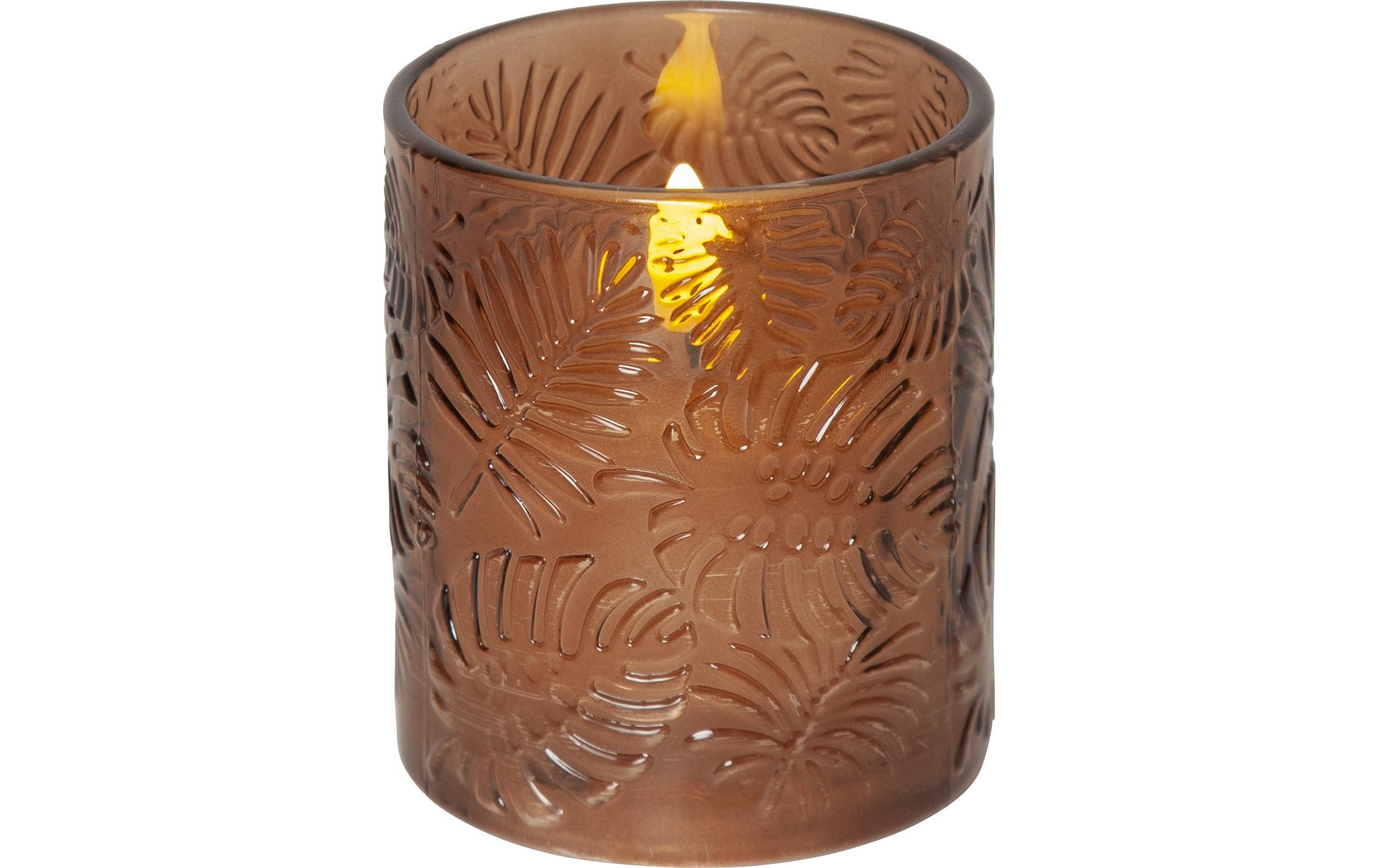 Star Trading LED-Kerze Pillar Flamme Leaf, Ø 8.5 x 10 cm, Braun – LED-Kerze mit Timer von Star Trading