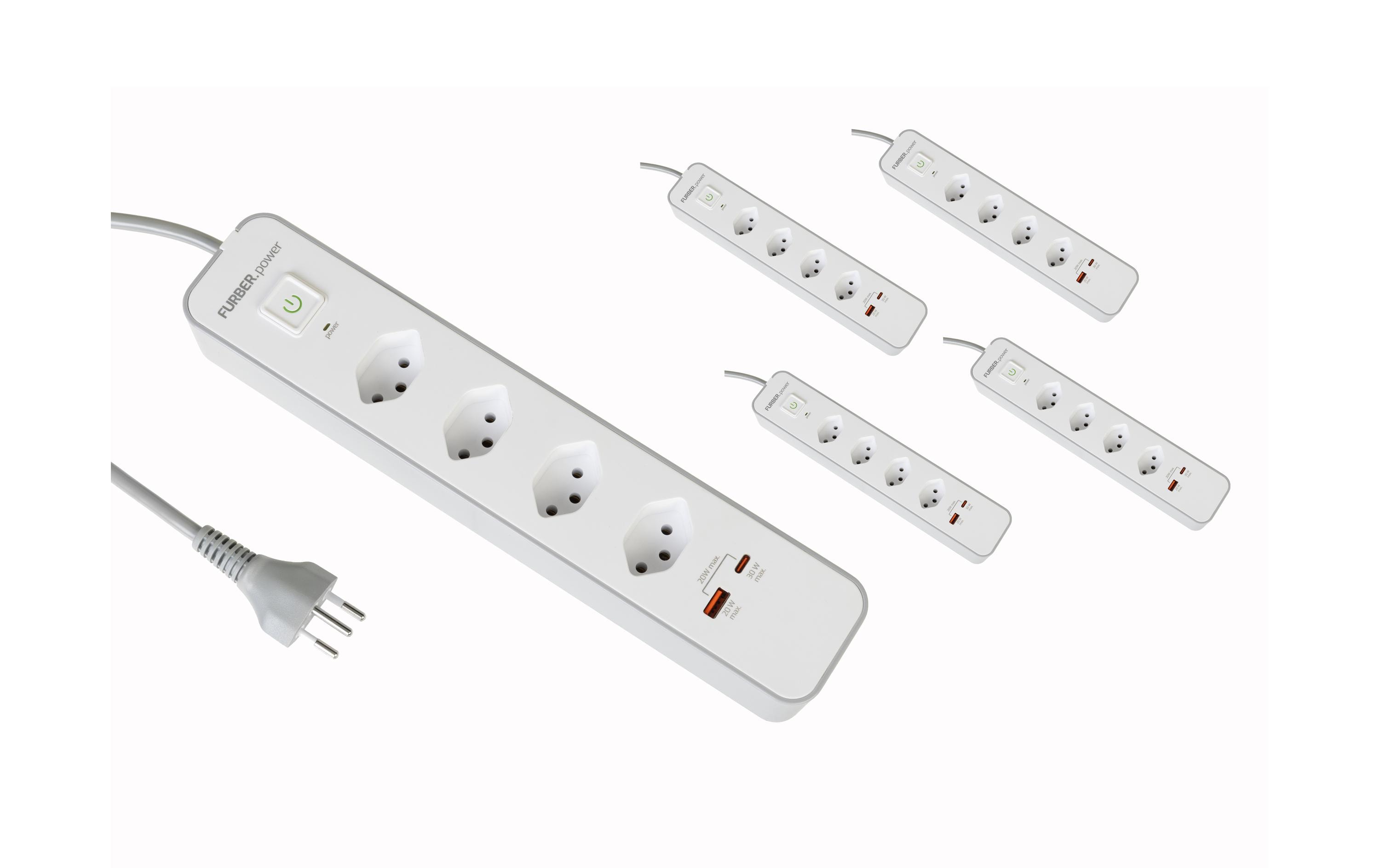 FURBER.power Steckdosenleiste 4 x T13, USB-C, USB-A, 5 Stück – Steckerleiste von FURBER.power