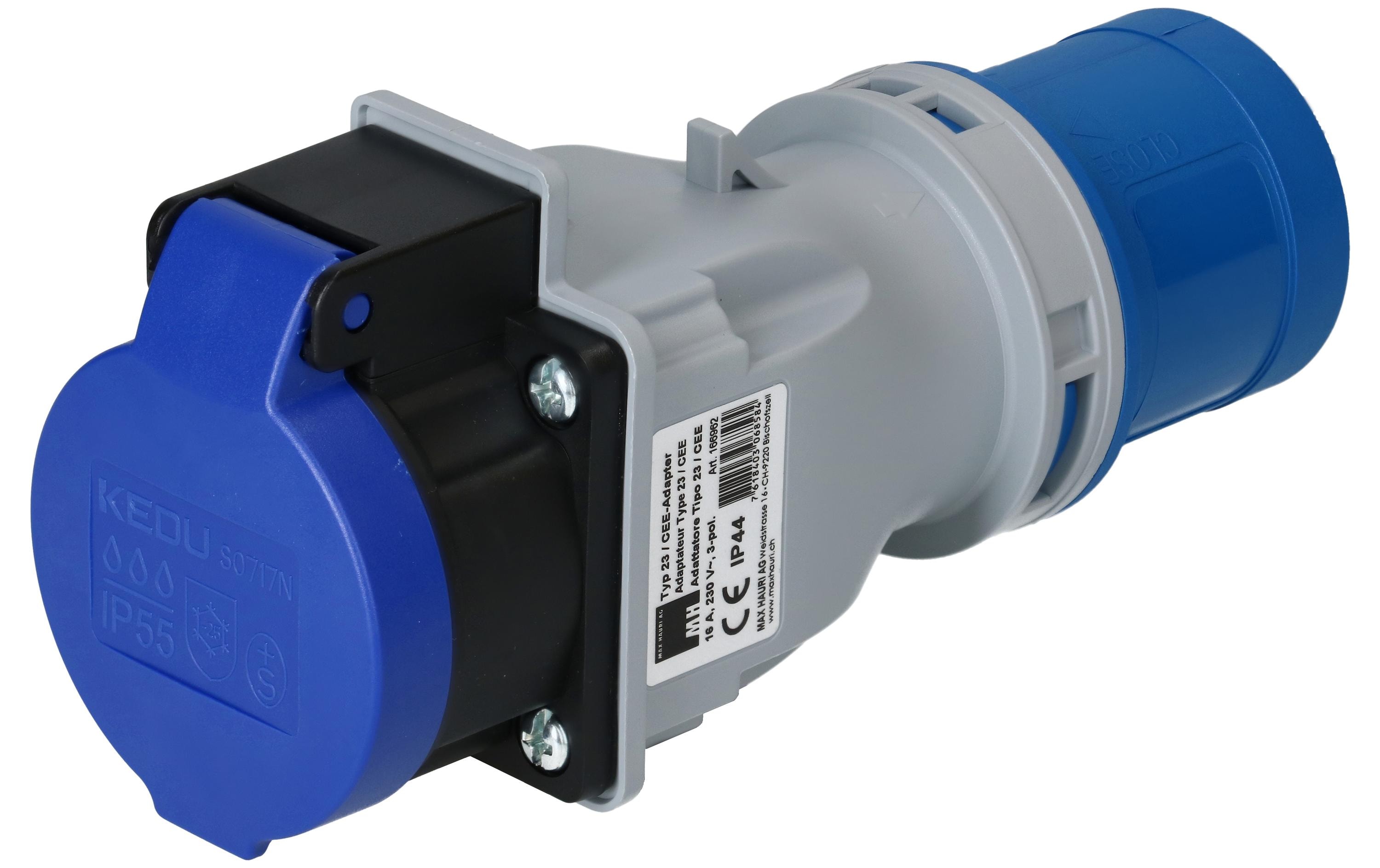 maxCAMP Adapterstecker CEE16/3 - T23, Blau/Grau – CEE-Stecker 16/3 von maxCAMP