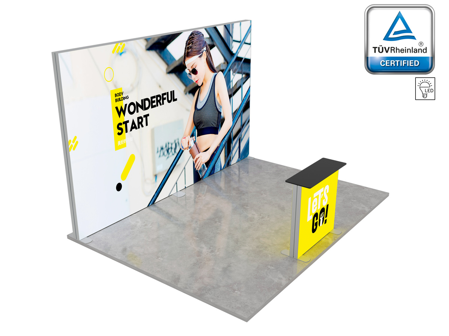 LUMIX Messestand 12 m² Halbinselstand mit individuell bedruckter Textilgrafik