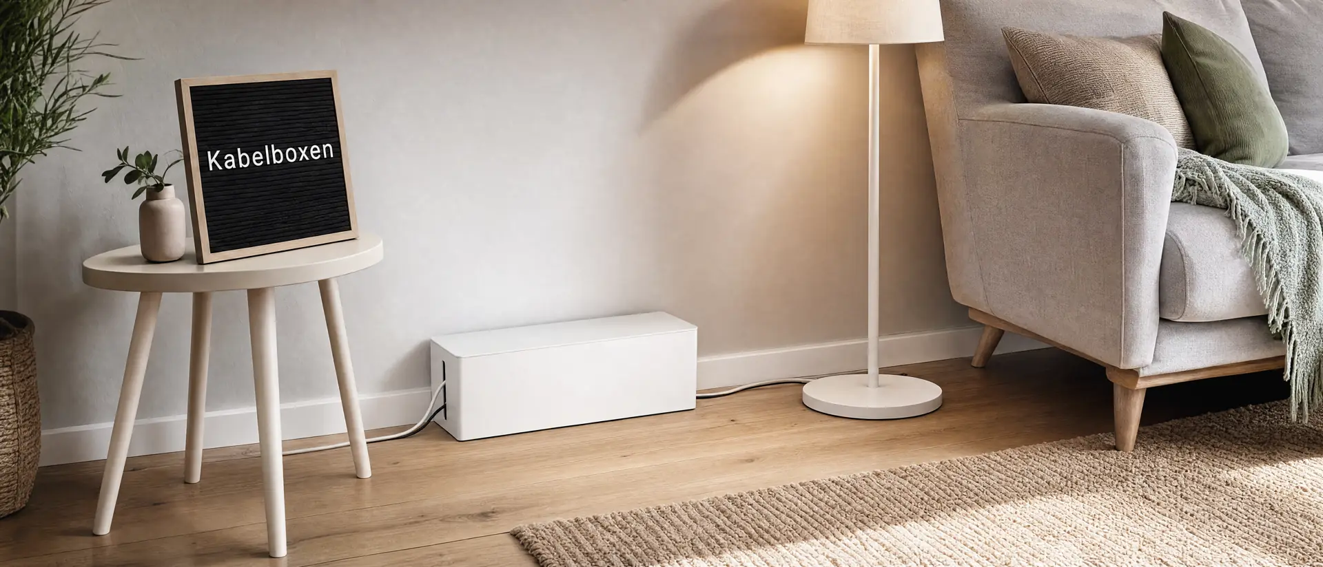 Kabelbox versteckt die Steckerleiste im Wohnzimmer