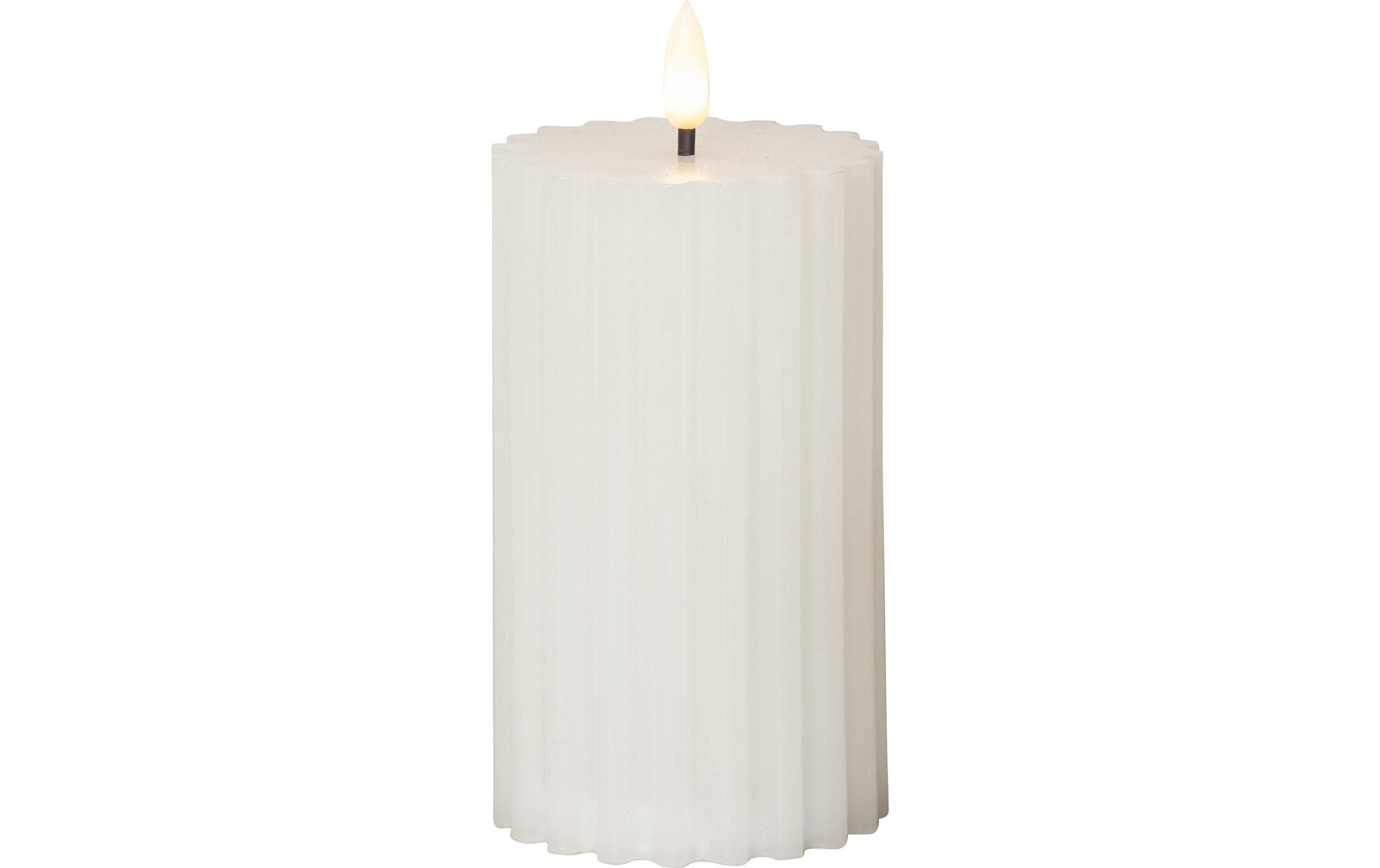 Star Trading LED-Kerze Pillar Flamme Stripe, Ø 7.5 x 15 cm, Weiss – LED-Kerze mit Timer von Star Trading