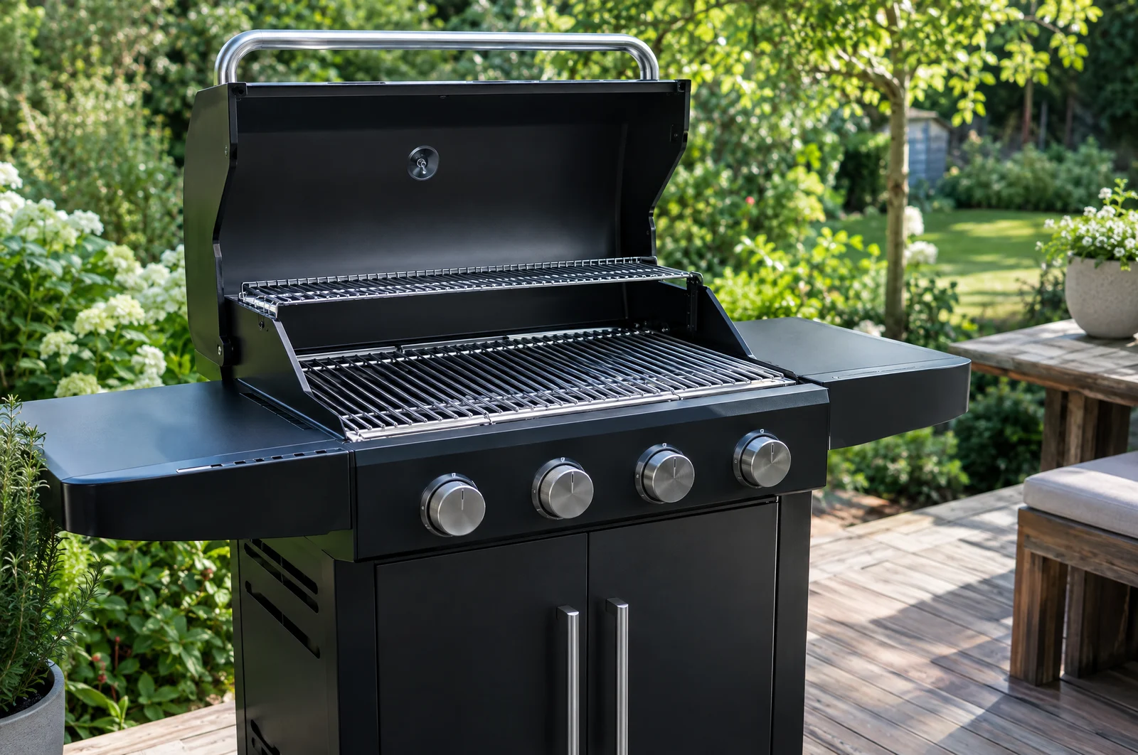 Moderner Gasgrill auf der Gartenterrasse