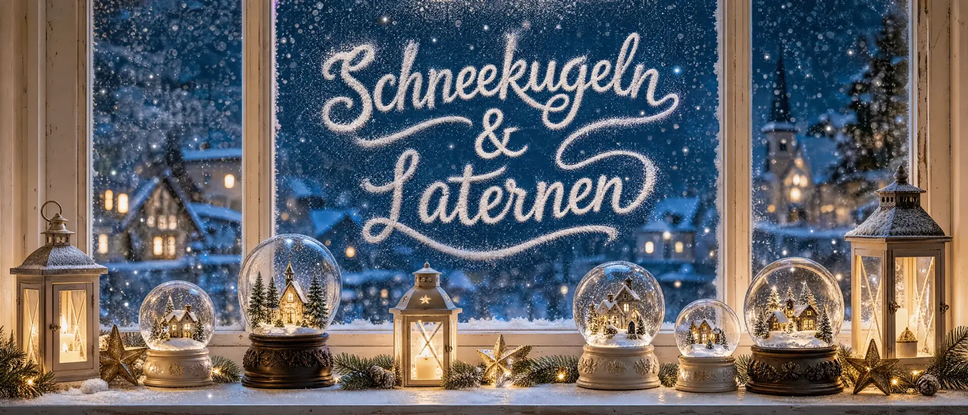 Schneekugeln & Laternen – weihnachtlich dekoriertes Banner mit Lichterketten und Kerzen