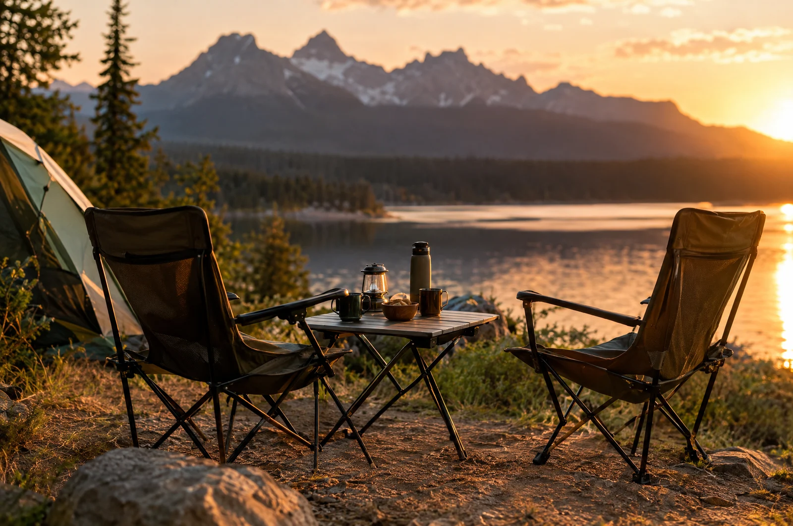 Campingstühle und Tisch am Seeufer