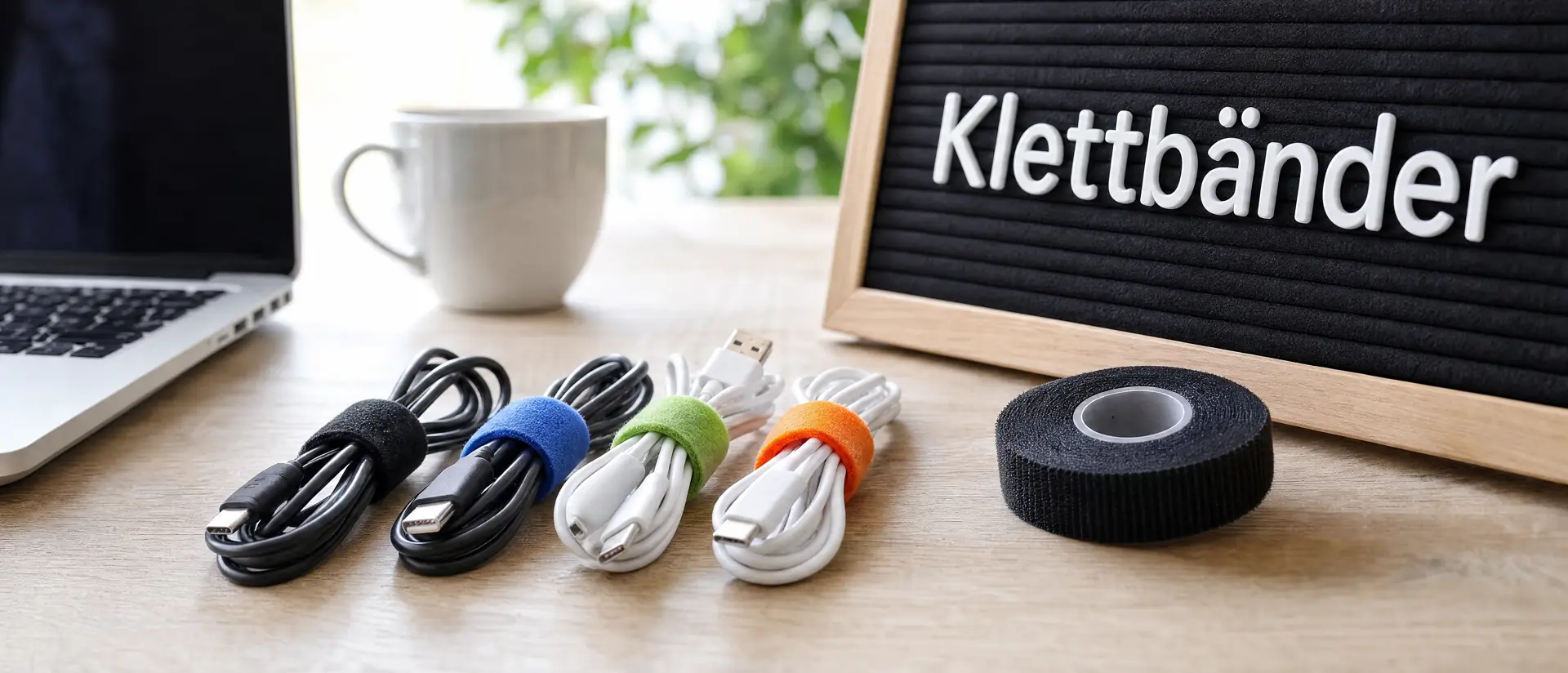 Farbige Klettbänder bündeln Ladekabel am Schreibtisch