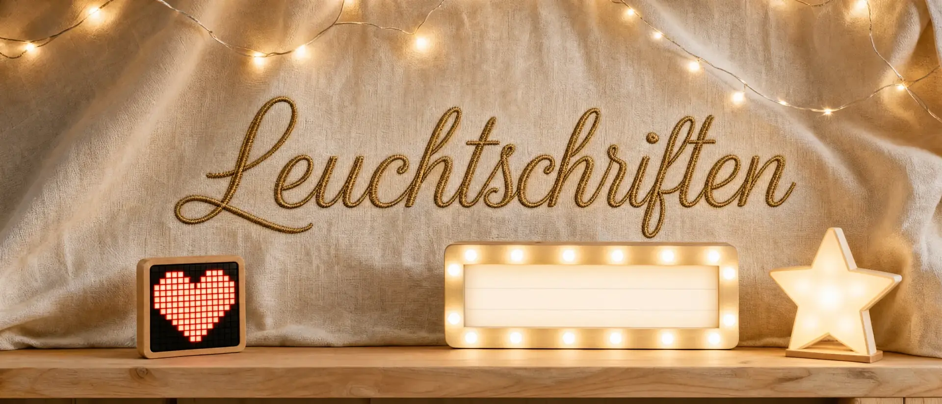 Leuchtschriften – weihnachtlich dekoriertes Banner mit Lichterketten und Kerzen