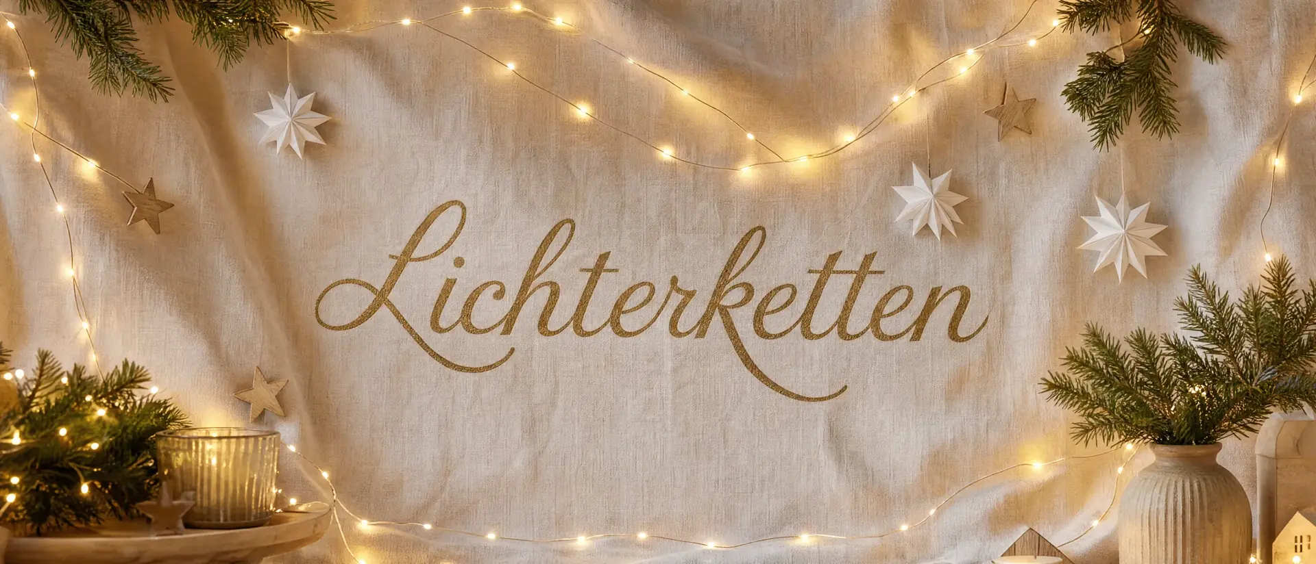 Lichterketten – weihnachtlich dekoriertes Banner mit Lichterketten und Kerzen