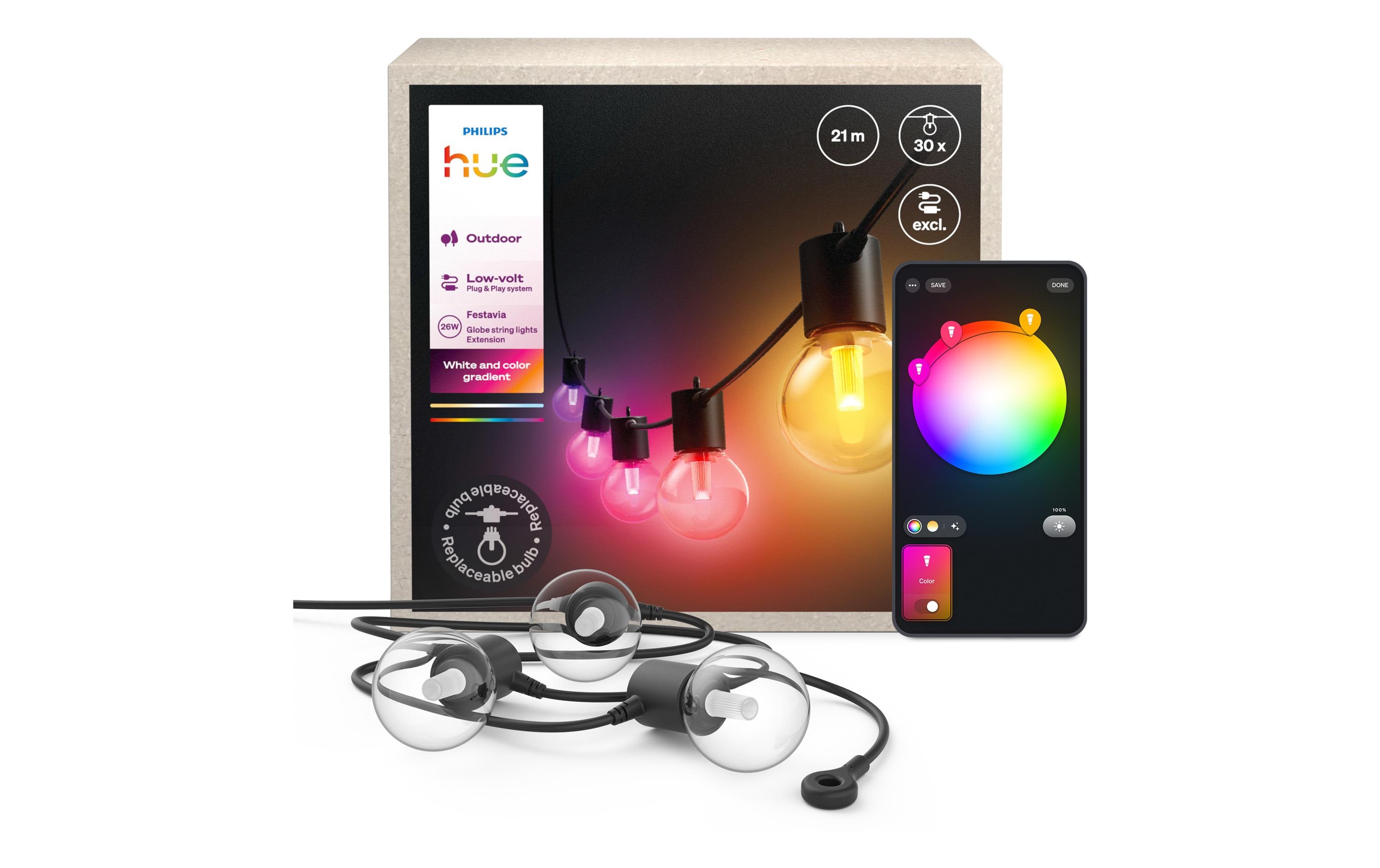Philips Hue LED-Lichterkette Festavia Globe Outdoor Erweiterung 21 m – Lichterkette mit App-Steuerung von Philips Hue