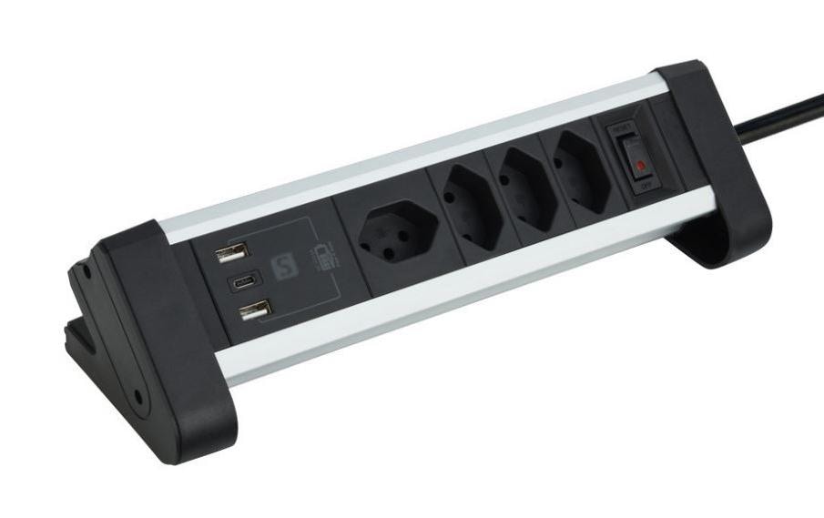 Schönenberger Tischsteckdosenleiste Alu 4× T13, 1x USB-C, 2x USB-A, 2 m – Tischsteckdosenleiste von Schönenberger