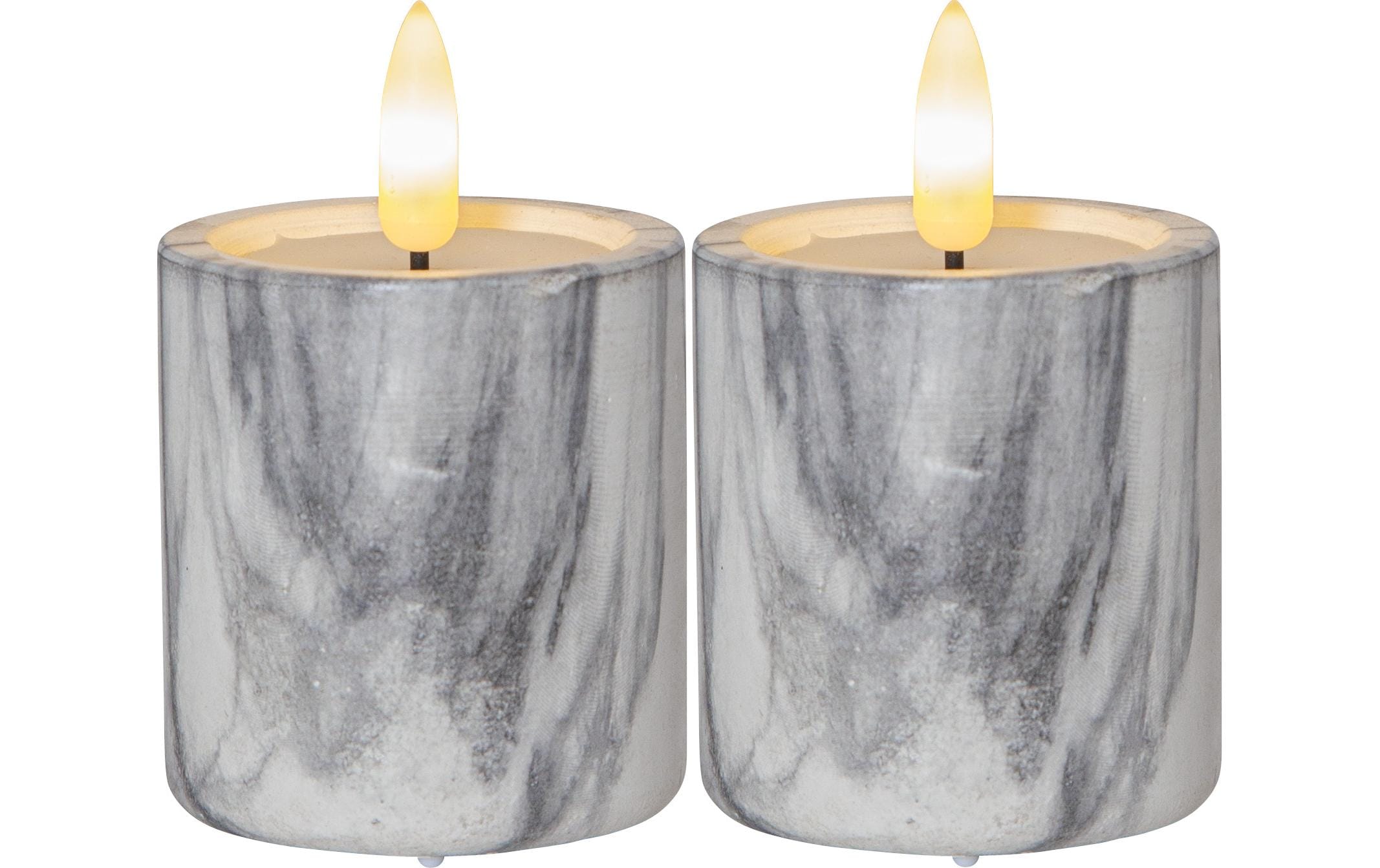 Star Trading LED-Kerze Pillar Flamme Marble Ø 5.5 x 9 cm, Grau, 2 Stk – LED-Kerze mit Timer von Star Trading