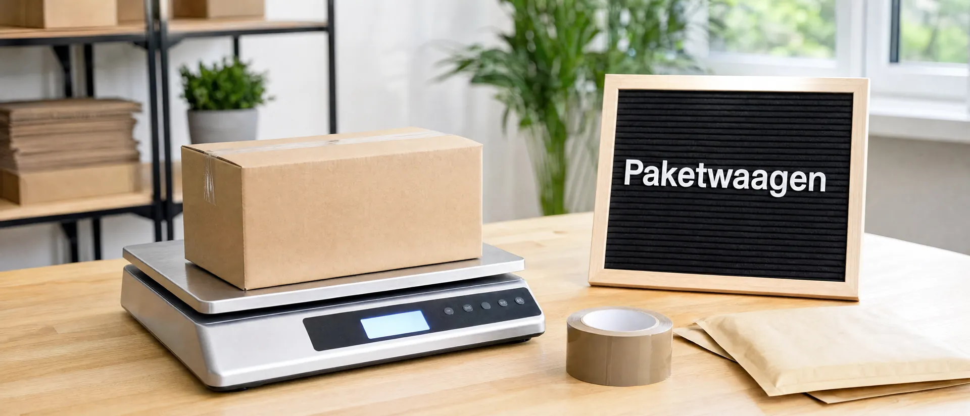Paketwaagen – digitale Paketwaage mit Versandkarton (KI-generiertes Symbolbild)