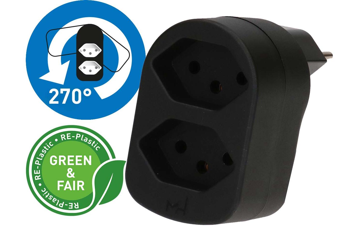 Max Hauri Mehrfachstecker ADAPT 2x Typ 13 schwarz drehbar Green+Fair