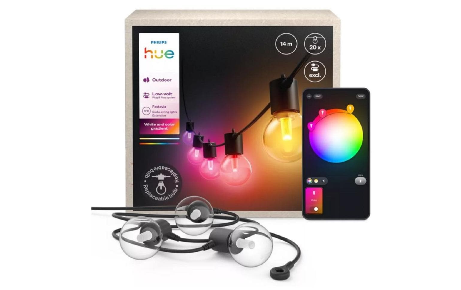 Philips Hue LED-Lichterkette Festavia Globe Outdoor Erweiterung 14 m – Lichterkette mit App-Steuerung von Philips Hue