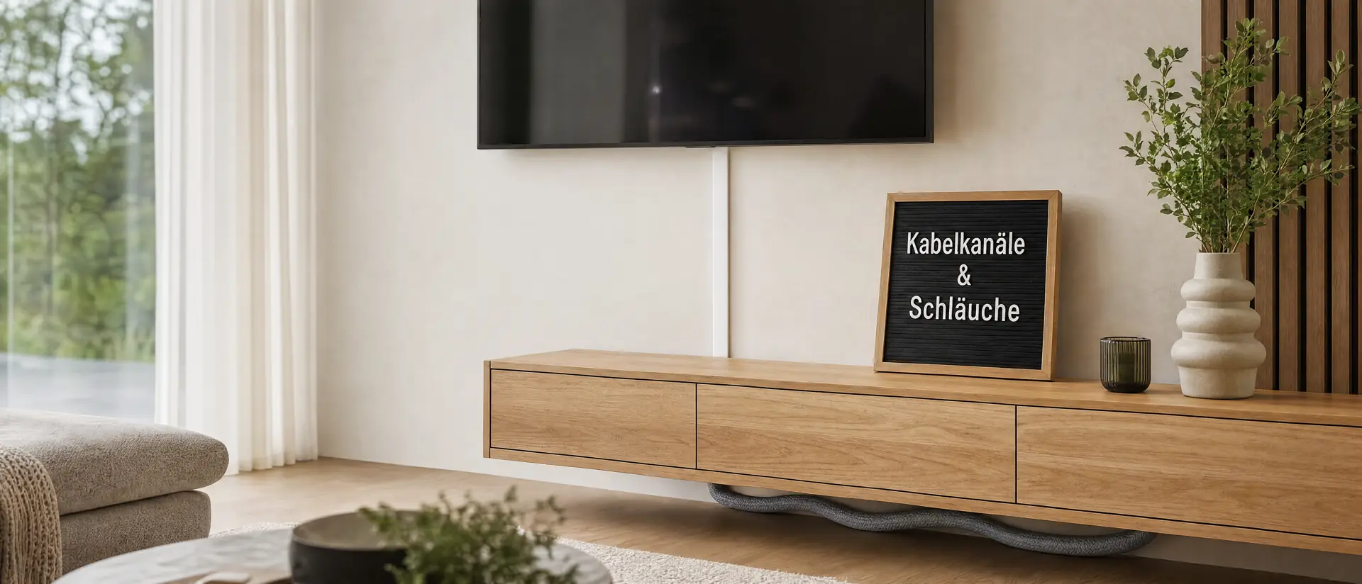 Kabelkanal an der TV-Wand und Kabelschlauch hinter dem Sideboard