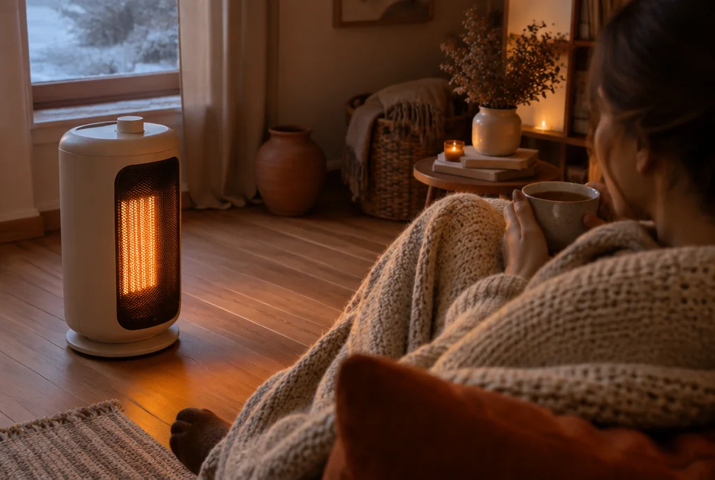 Heizlüfter wärmt eine gemütliche Leseecke im Winter