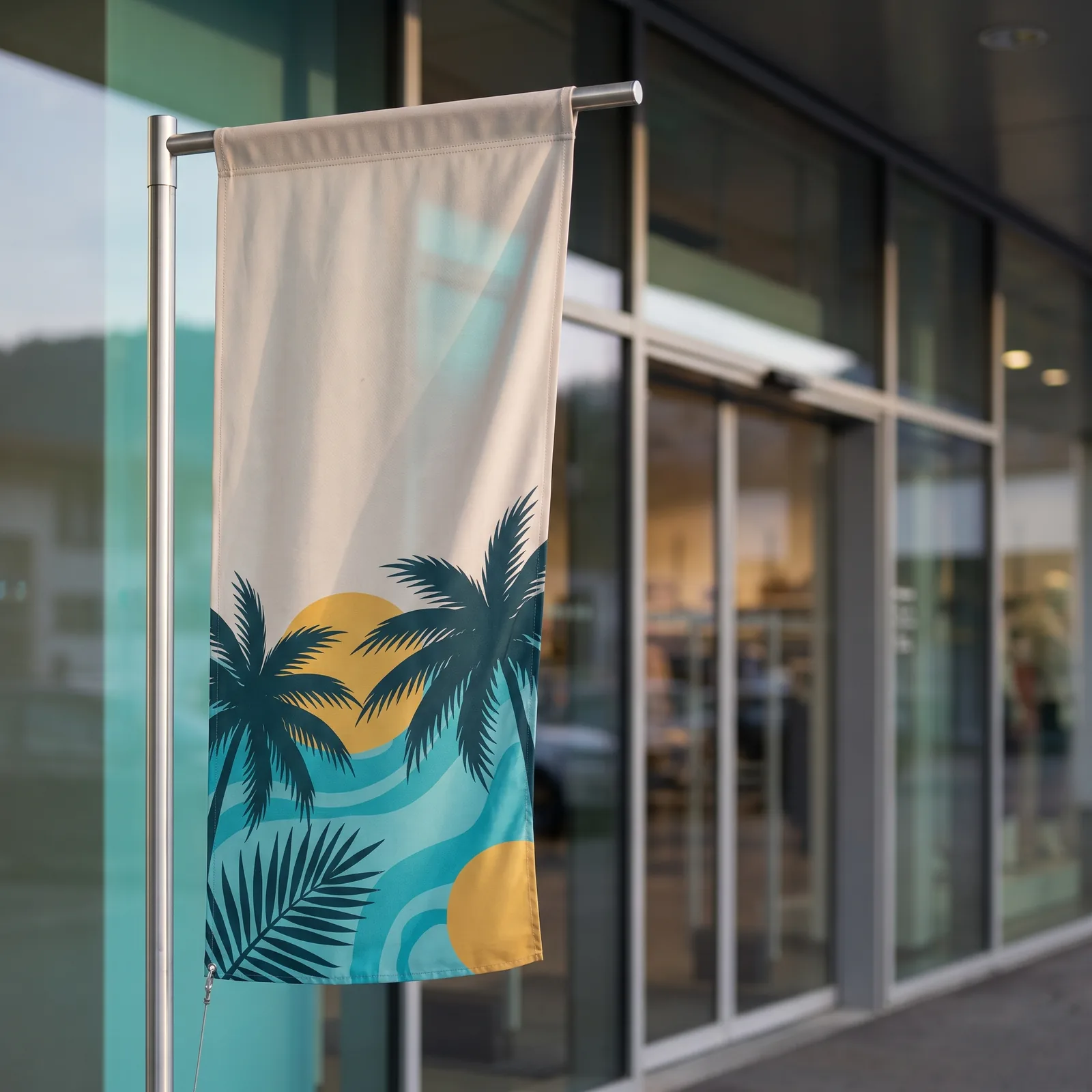 Bannerfahne im Hochformat an Querstange vor einem Ladeneingang – Chill & Easy