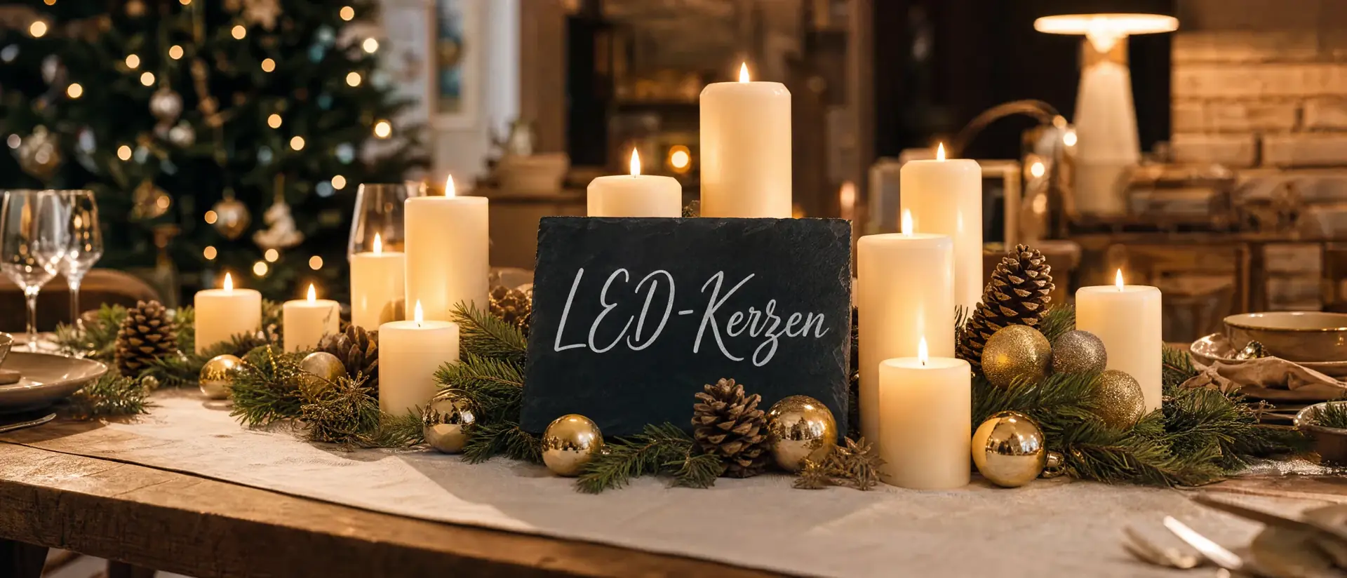 LED-Kerzen – weihnachtlich dekoriertes Banner mit Lichterketten und Kerzen