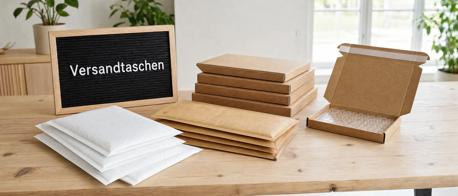 Versandtaschen – Luftpolstertaschen und Kartonversandtaschen auf einem Holztisch (KI-generiertes Symbolbild)