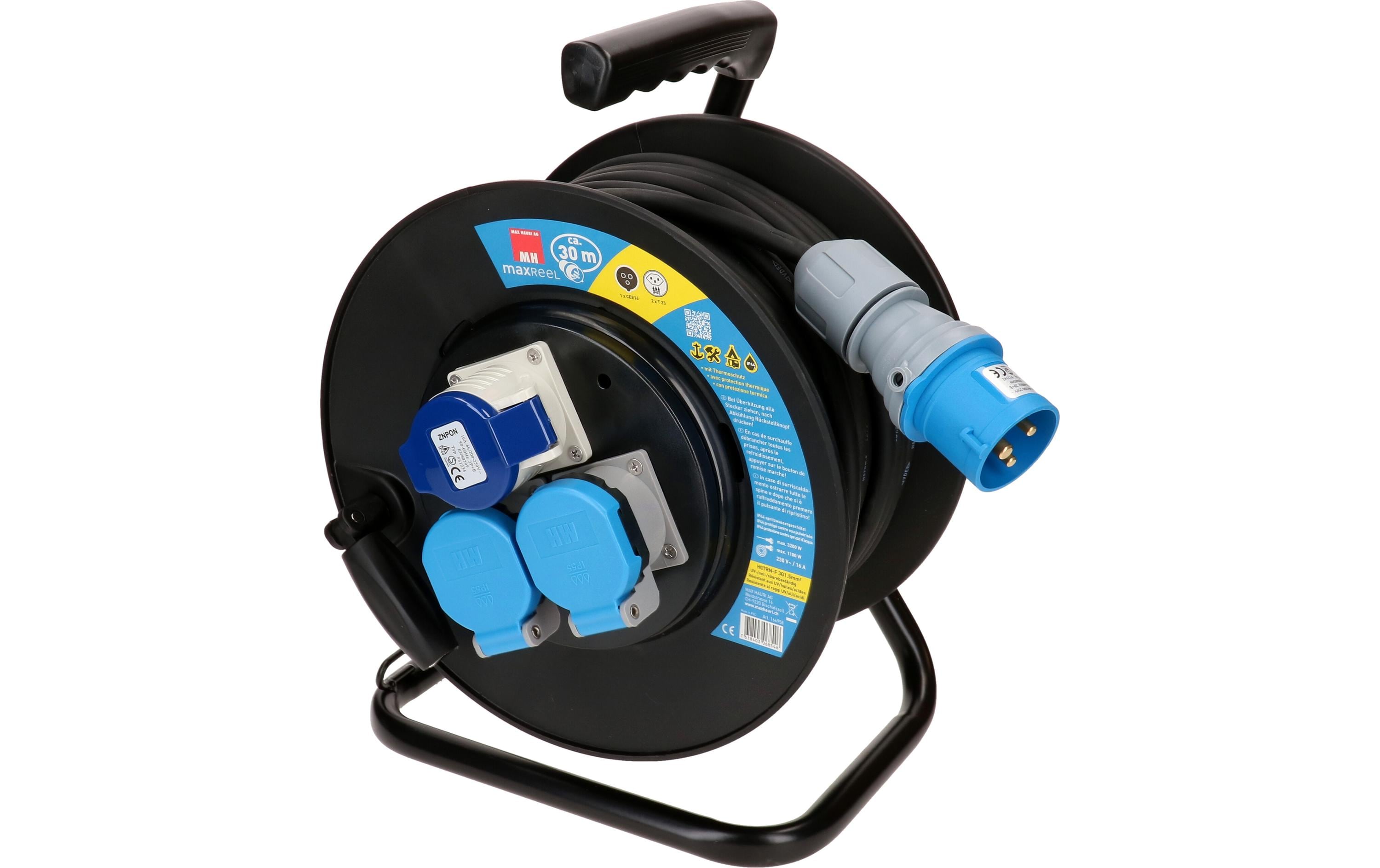 Max Hauri Kabelrolle 30 m, 2x T23, 1x CEE16/3, Schwarz