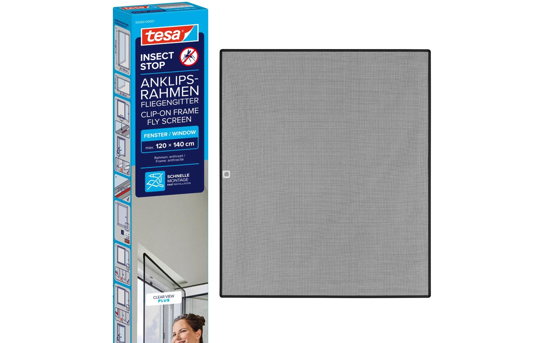 tesa Fliegengitter CLIP-ON Rahmen für Fenster 140 x 120 cm