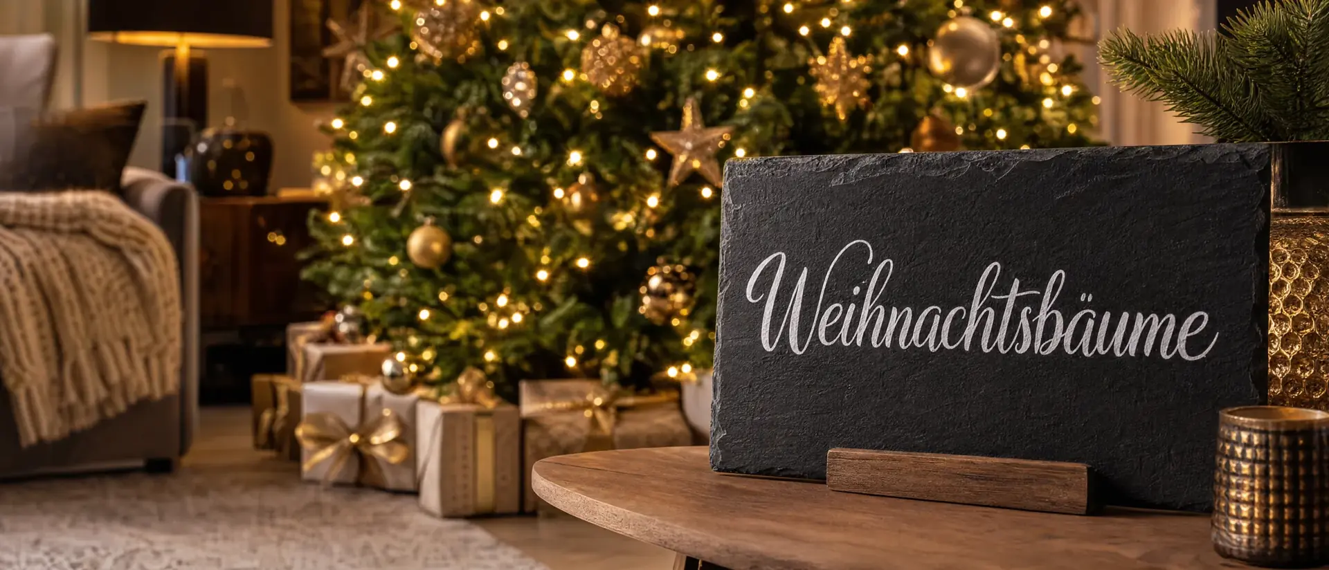 Weihnachtsbäume – weihnachtlich dekoriertes Banner mit Lichterketten und Kerzen