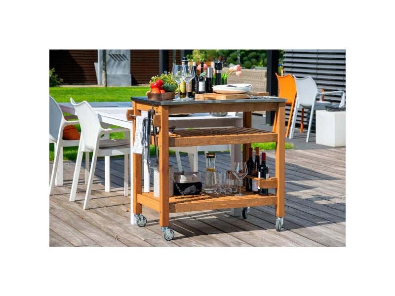Beistellwagen aus Holz mit Edelstahlplatte