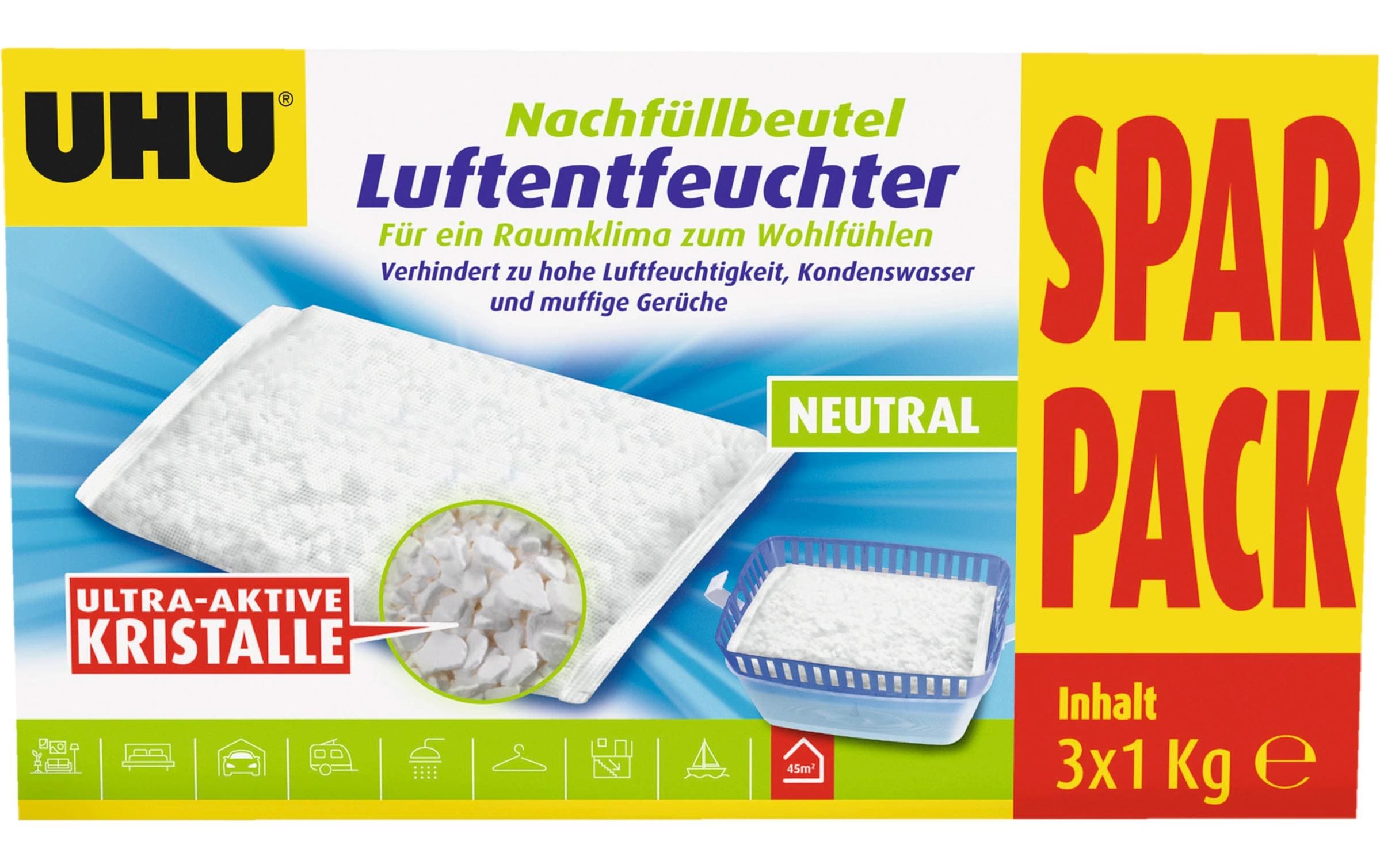 UHU Nachfüllbeutel 3 × 1 kg Granulat für Luftentfeuchter