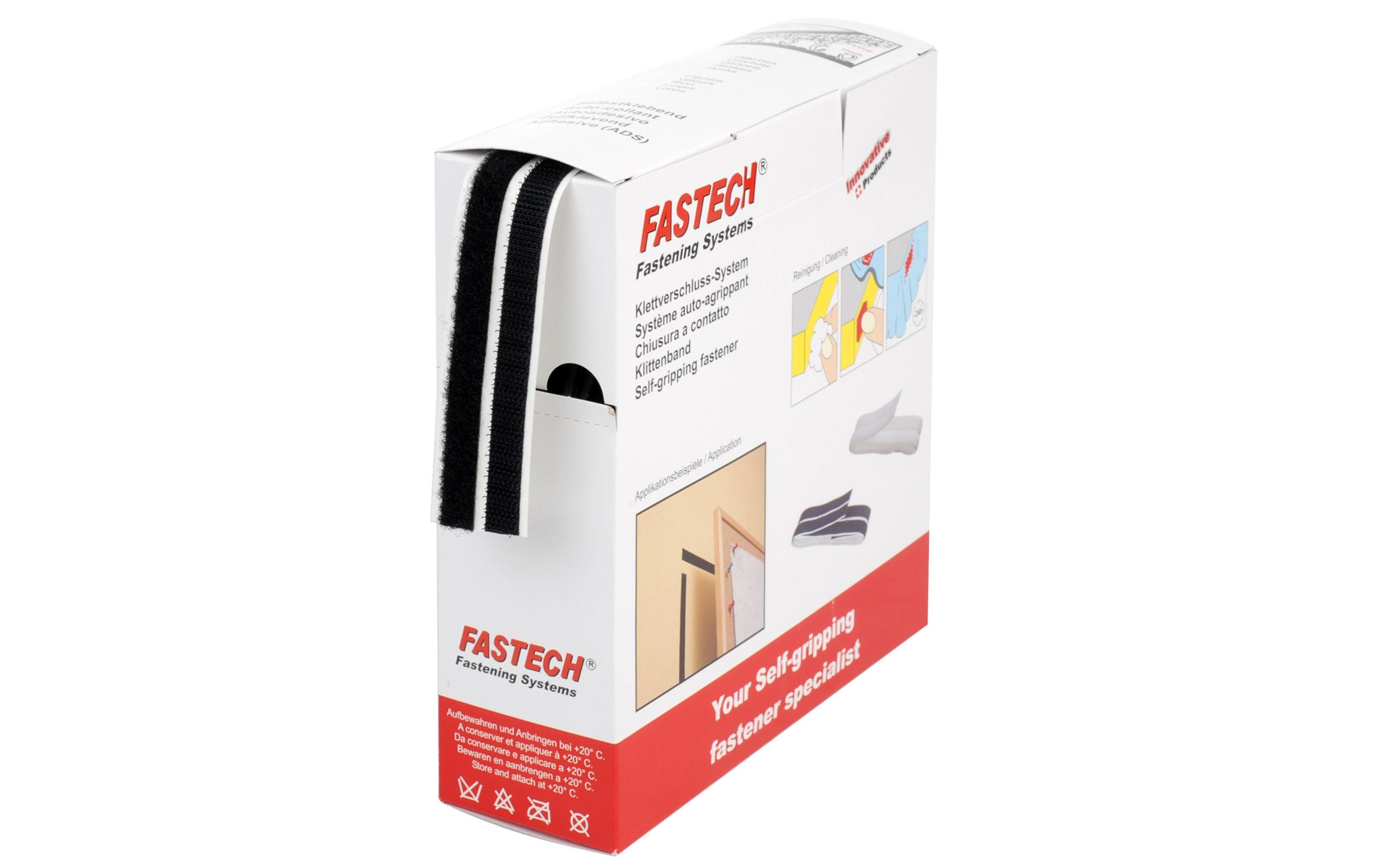 FASTECH Klettband-Box 10 mm x 10 m selbstklebend, Schwarz – Klettband-Rolle von FASTECH