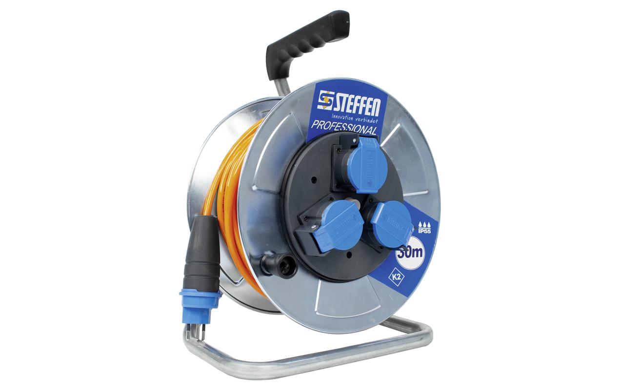 STEFFEN Kabelrolle Professional 30 m 3x T13, IP55, Silber – Kabelrolle von STEFFEN