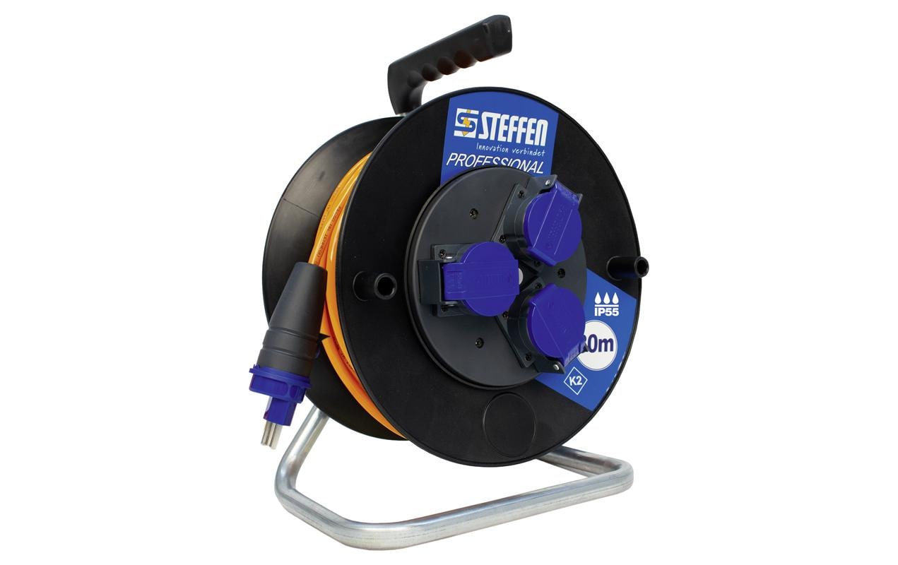 STEFFEN Kabelrolle Professional 30 m 3x T23, IP55, Schwarz – Kabelrolle von STEFFEN
