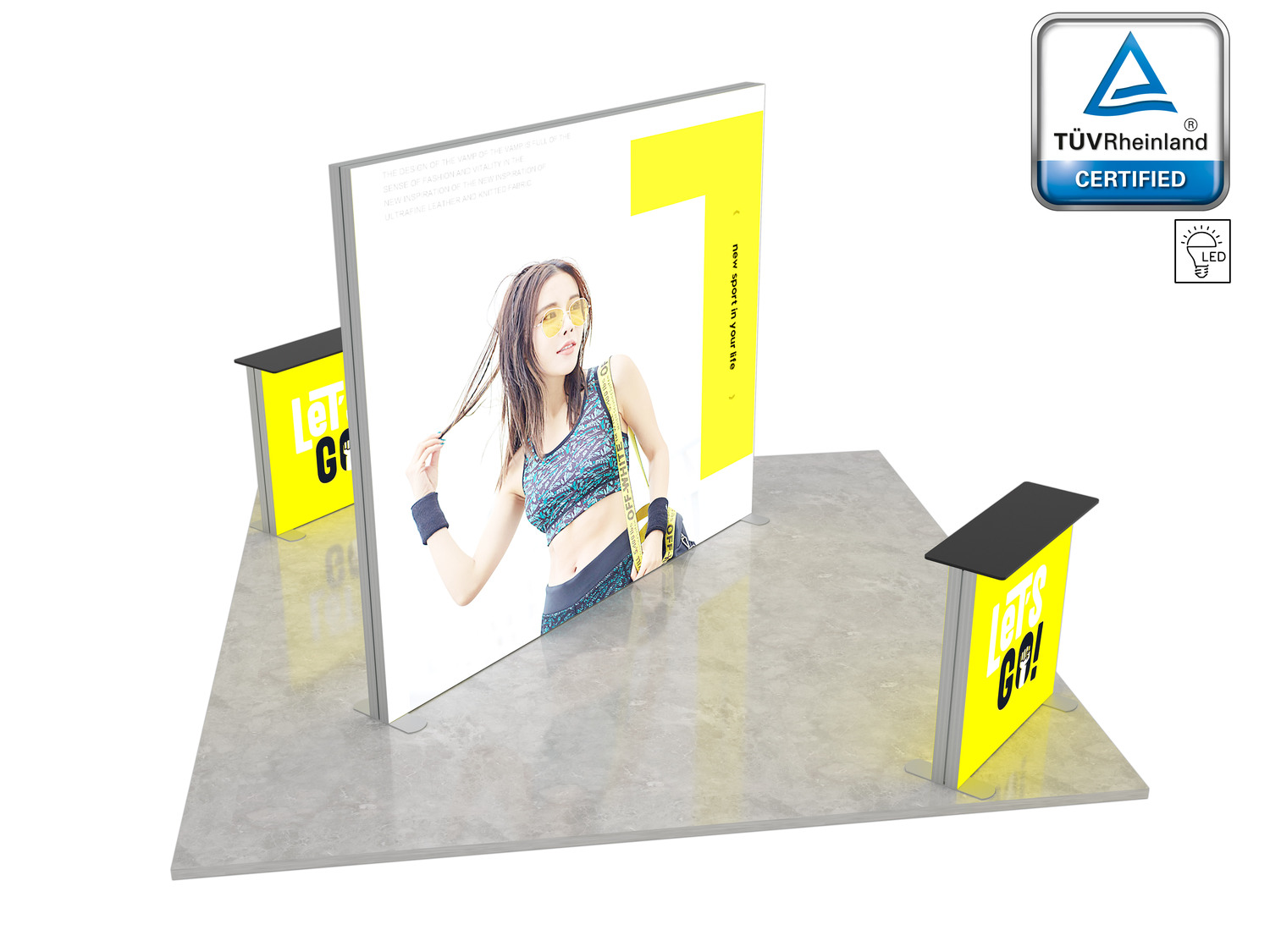 LUMIX Messestand 16 m² Inselstand mit individuell bedruckter Textilgrafik