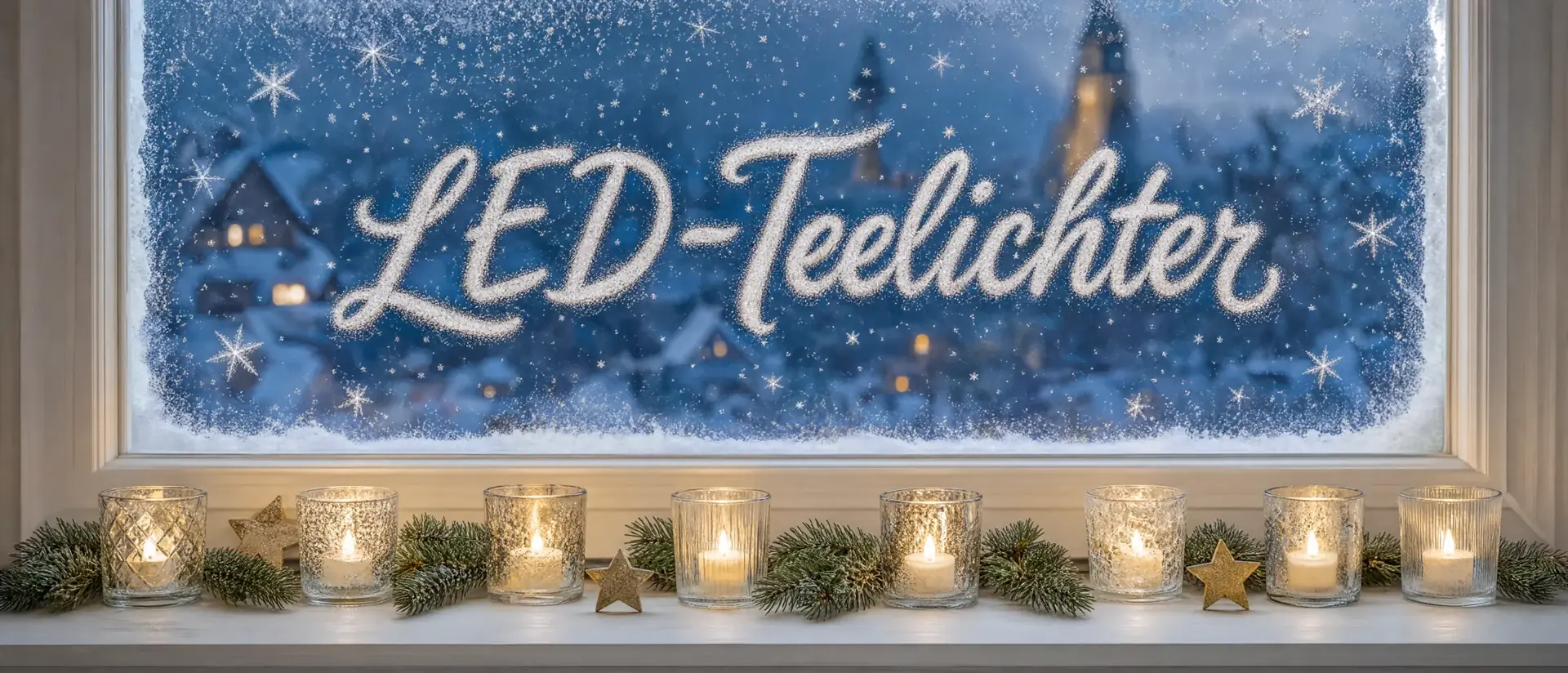 LED-Teelichter – weihnachtlich dekoriertes Banner mit Lichterketten und Kerzen