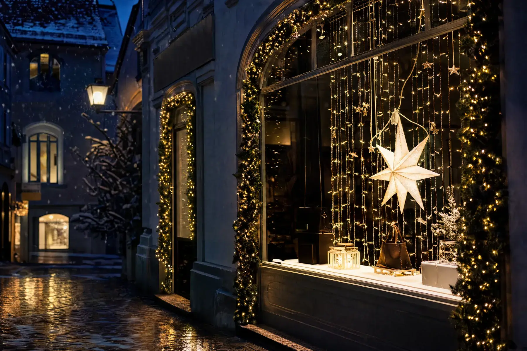 Weihnachtlich beleuchtetes Schaufenster mit Lichtervorhang und Leuchtstern in der Altstadt