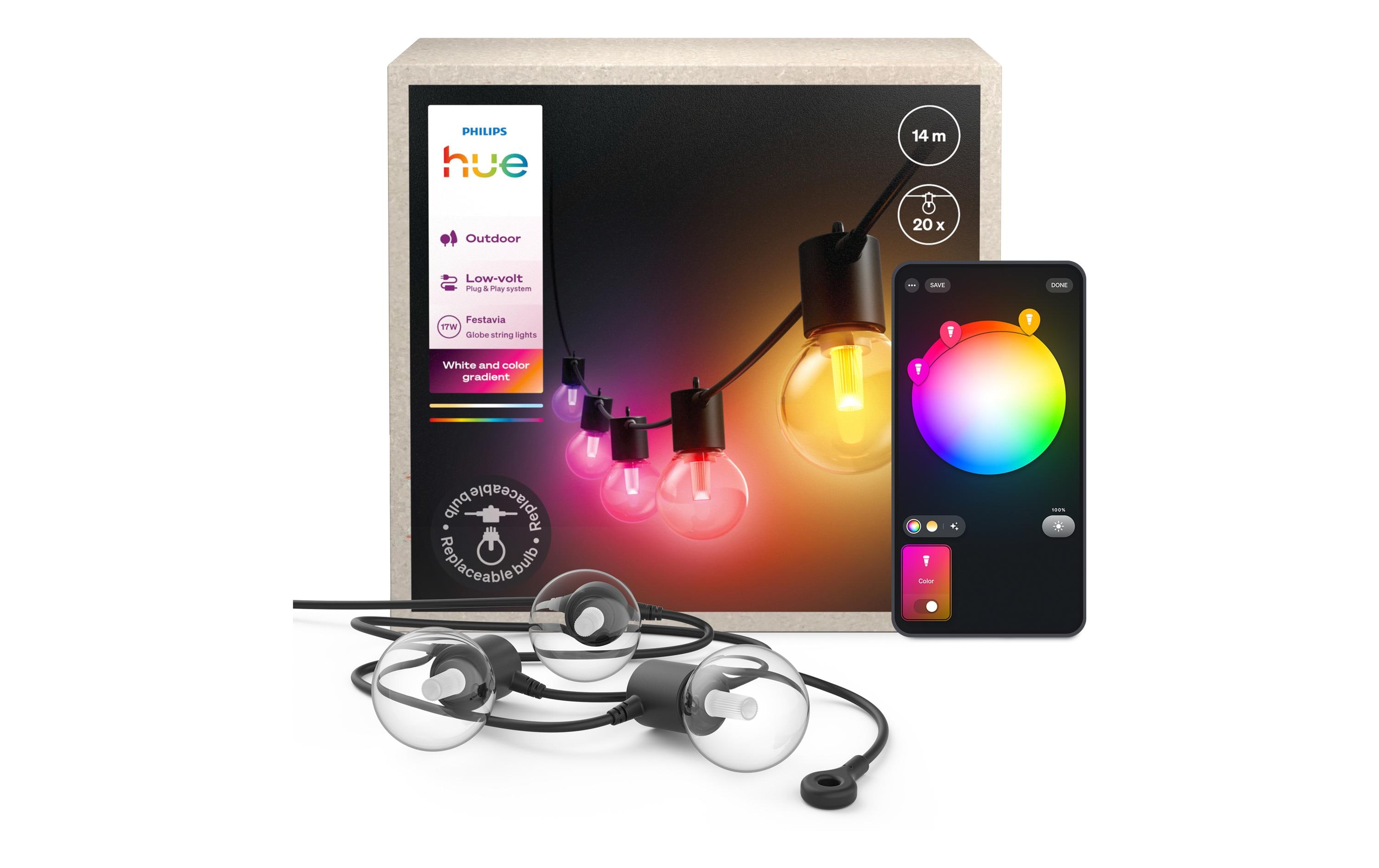 Philips Hue LED-Lichterkette Festavia Globe Outdoor 14 m CH – Lichterkette mit App-Steuerung von Philips Hue