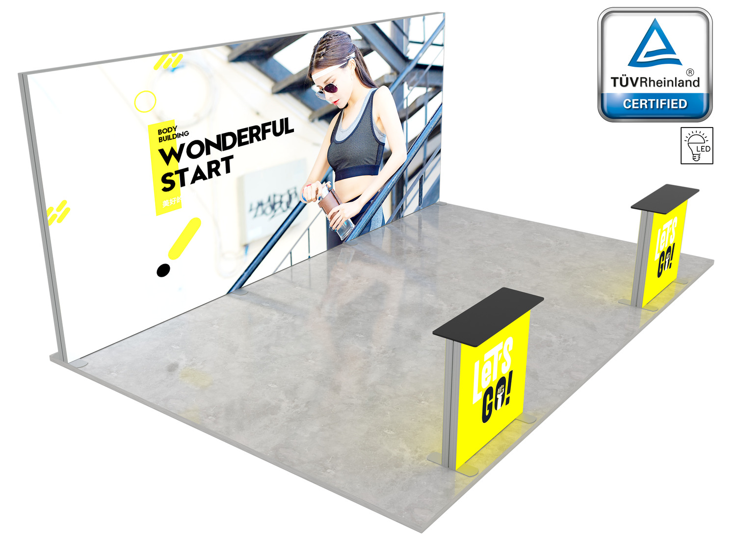 LUMIX Messestand 24 m² Halbinselstand mit 2 Theken mit individuell bedruckter Textilgrafik