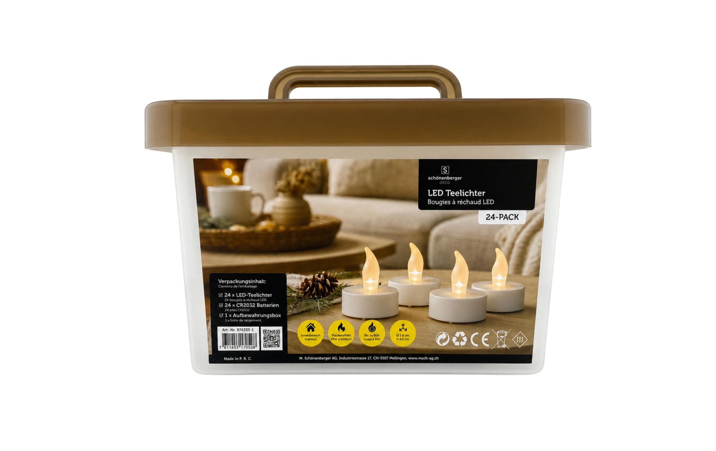 Schönenberger LED Teelicht 24er Pack 4.5 cm Höhe, Timerfunktion