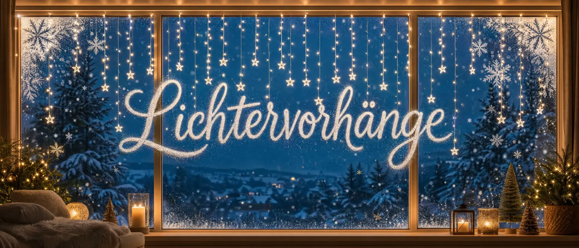 Lichtervorhänge – weihnachtlich dekoriertes Banner mit Lichterketten und Kerzen