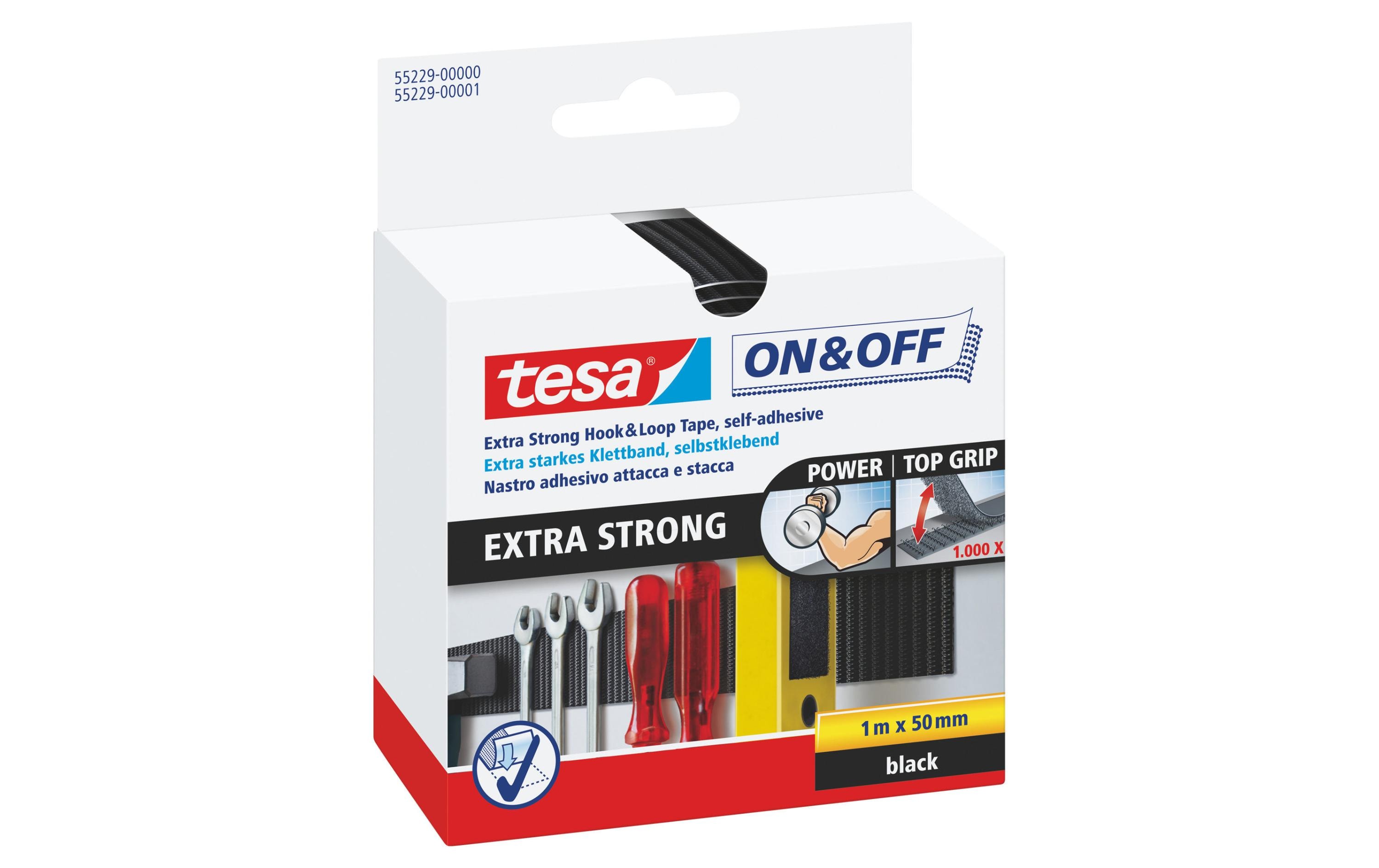 tesa Klettband-Rolle On & Off 50 mm x 1 m, Schwarz – Klettband-Rolle von tesa