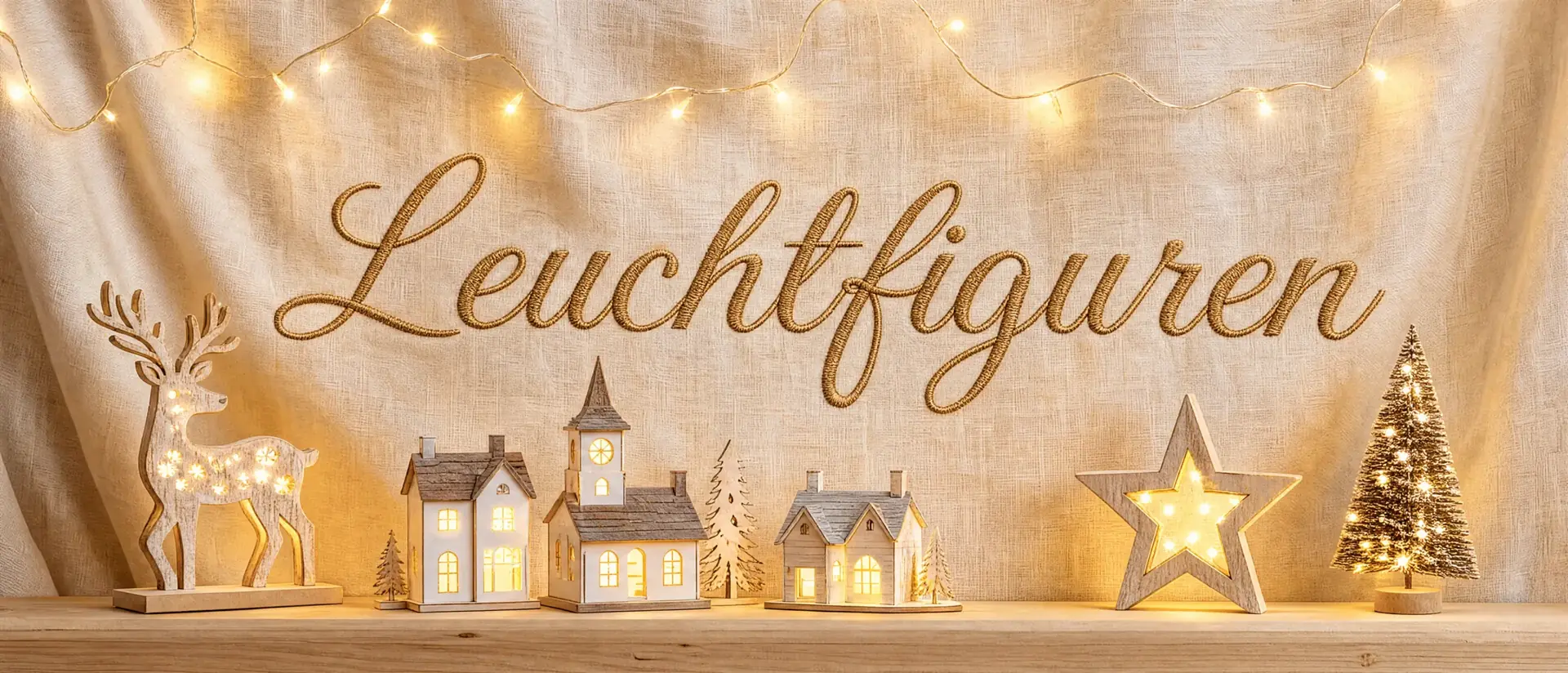 Leuchtfiguren – weihnachtlich dekoriertes Banner mit Lichterketten und Kerzen
