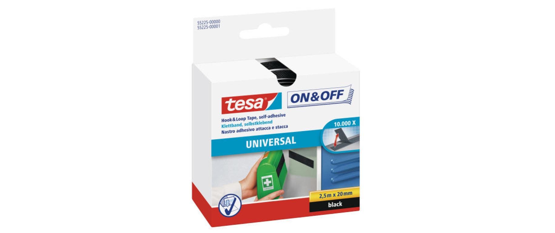 tesa Klettband-Rolle On & Off 20 mm x 2.5 m, Schwarz – Klettband-Rolle von tesa